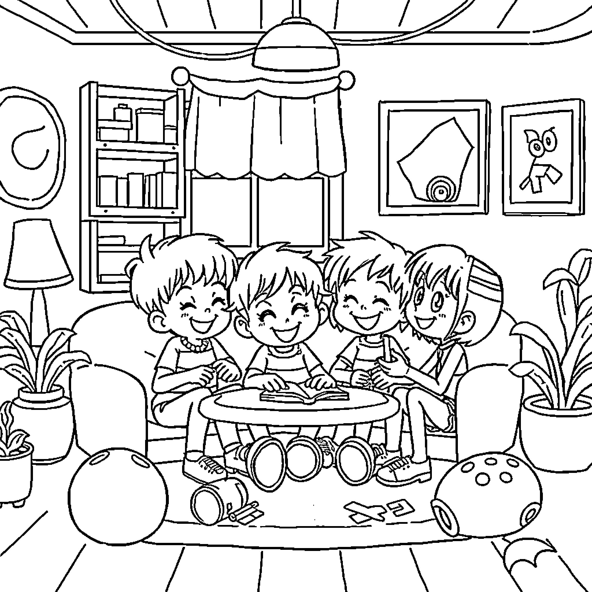 BT21 Friends Enjoying Fun Time Together Coloring Page (free black-and-white line drawing printable PDF for all, from beginners to advanced learners, including children, teens, adults, and seniors)