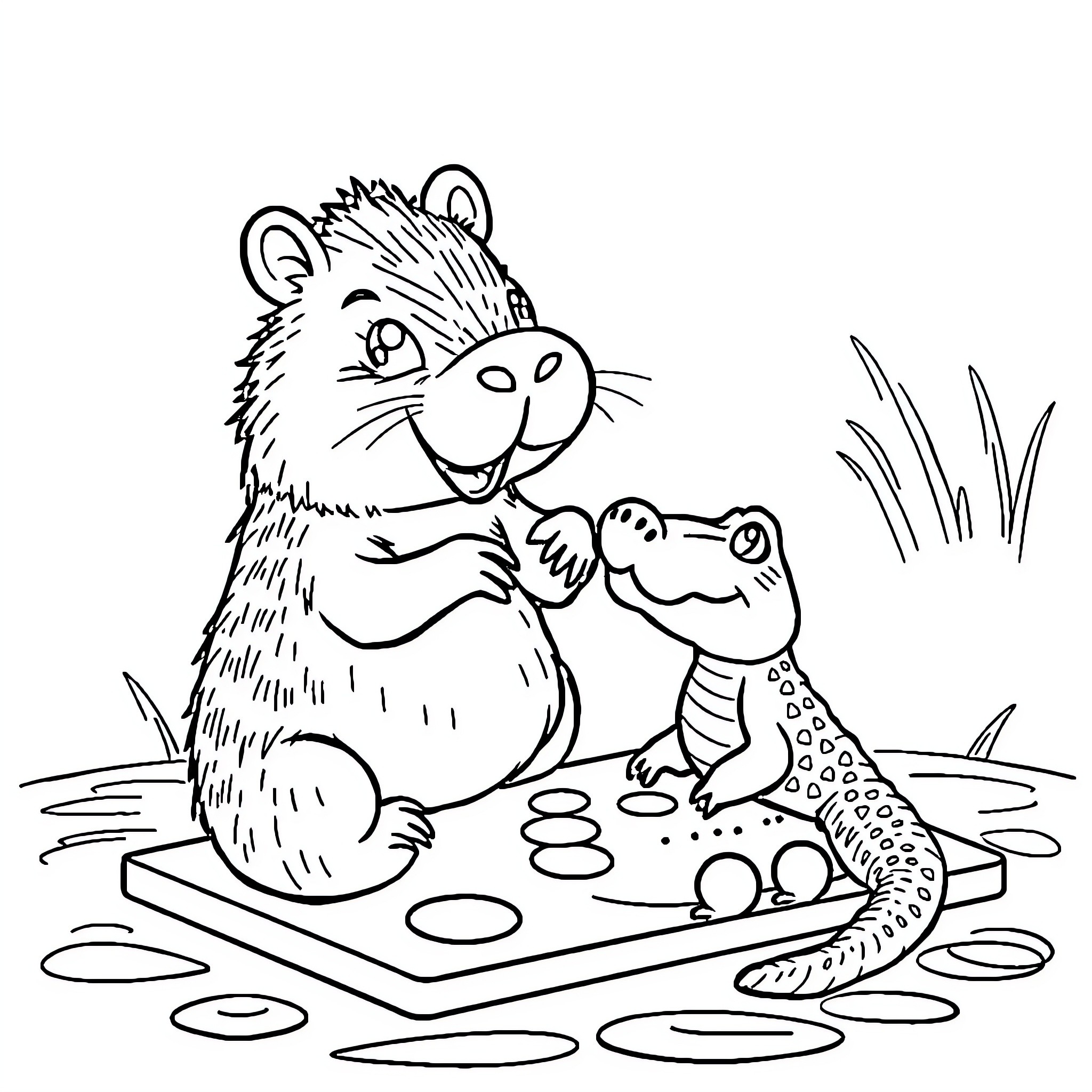 Capybara and frog playing together in the pond Coloring Page (free black-and-white line drawing printable PDF for all, from beginners to advanced learners, including children, teens, adults, and seniors)