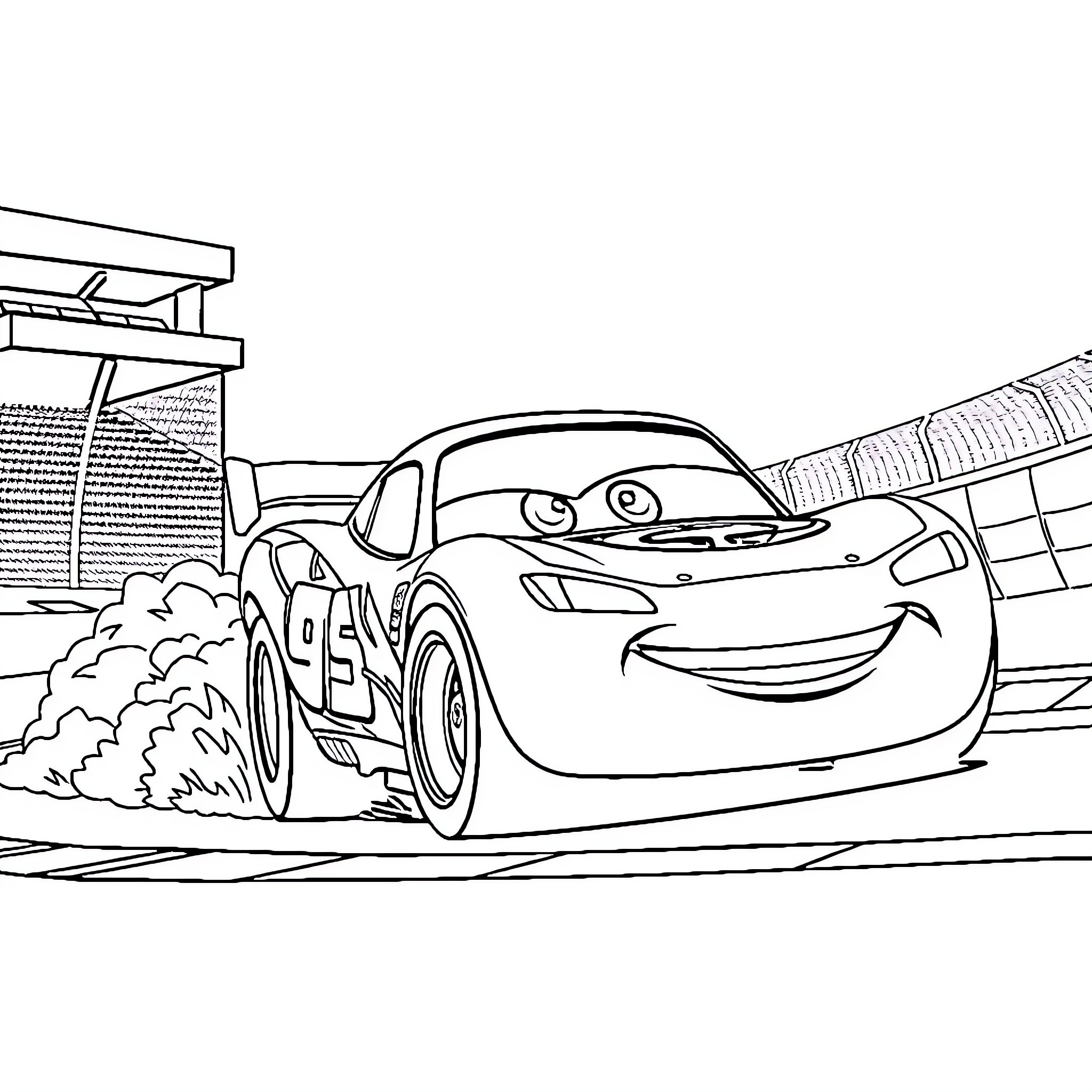 Lightning McQueen racing with excitement Coloring Page (free black-and-white line drawing printable PDF for all, from beginners to advanced learners, including children, teens, adults, and seniors)