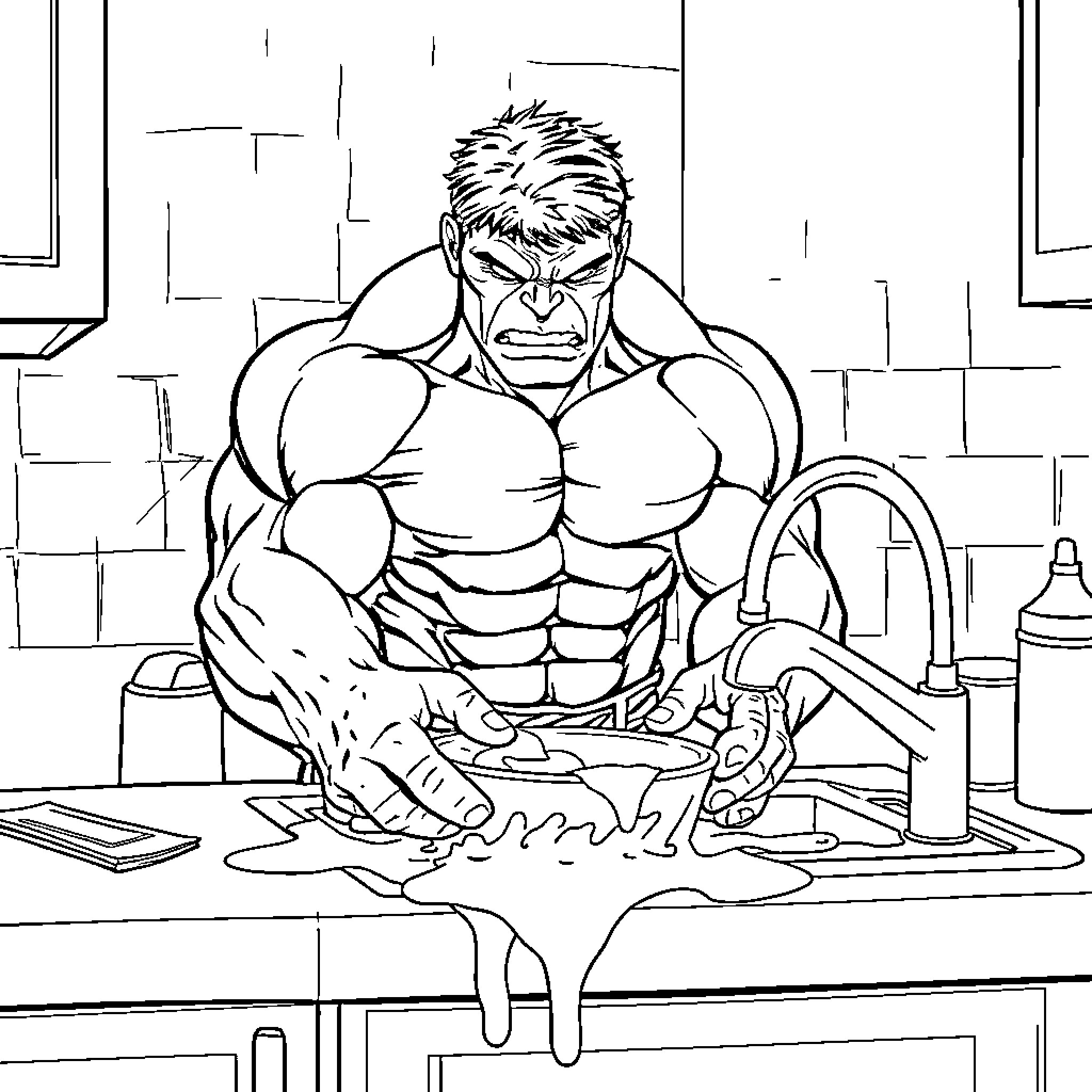 Hulk Cooking in the Kitchen Coloring Page (free black-and-white line drawing printable PDF for all, from beginners to advanced learners, including children, teens, adults, and seniors)