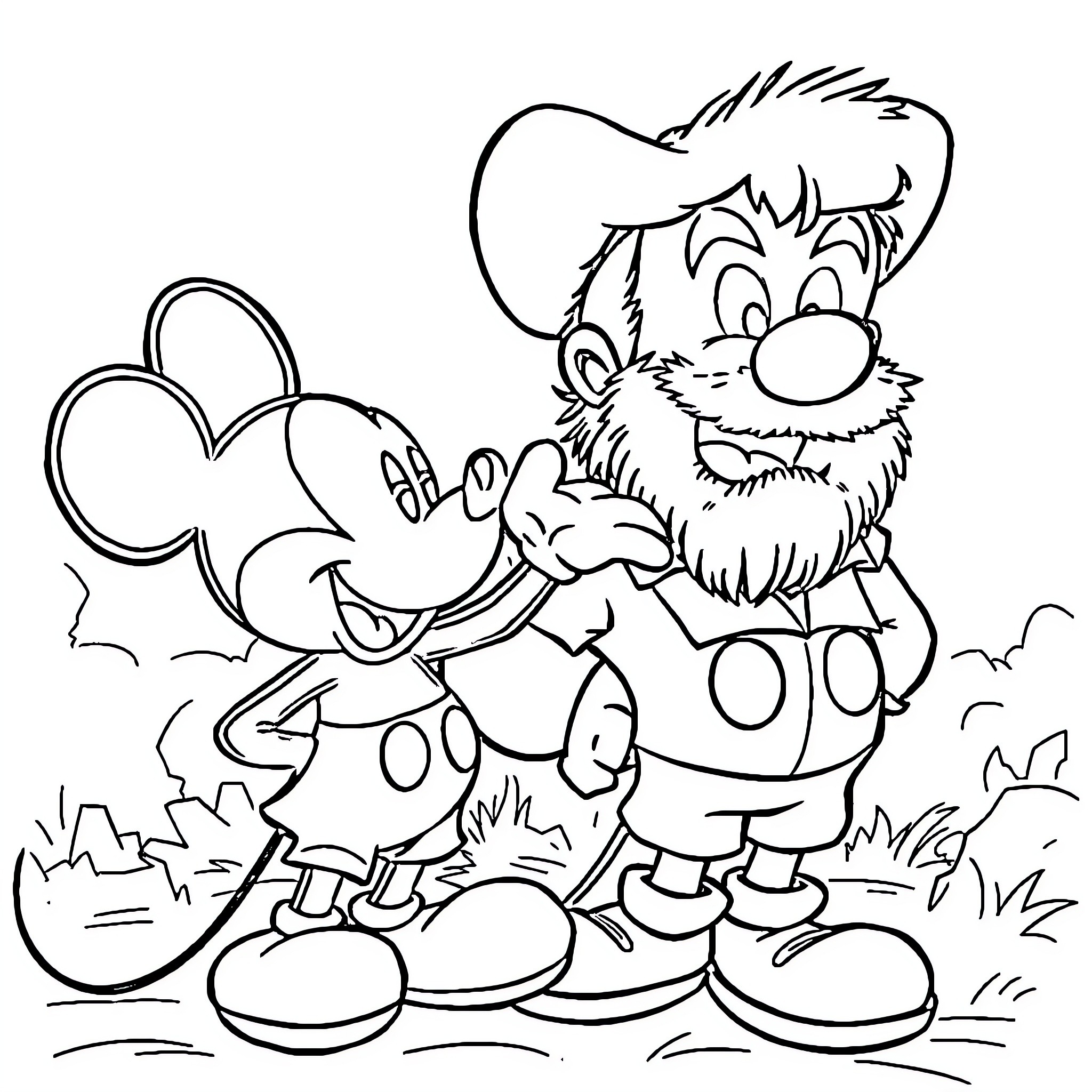 Mickey and Pluto's Playful Adventure Coloring Page (free black-and-white line drawing printable PDF for all, from beginners to advanced learners, including children, teens, adults, and seniors)