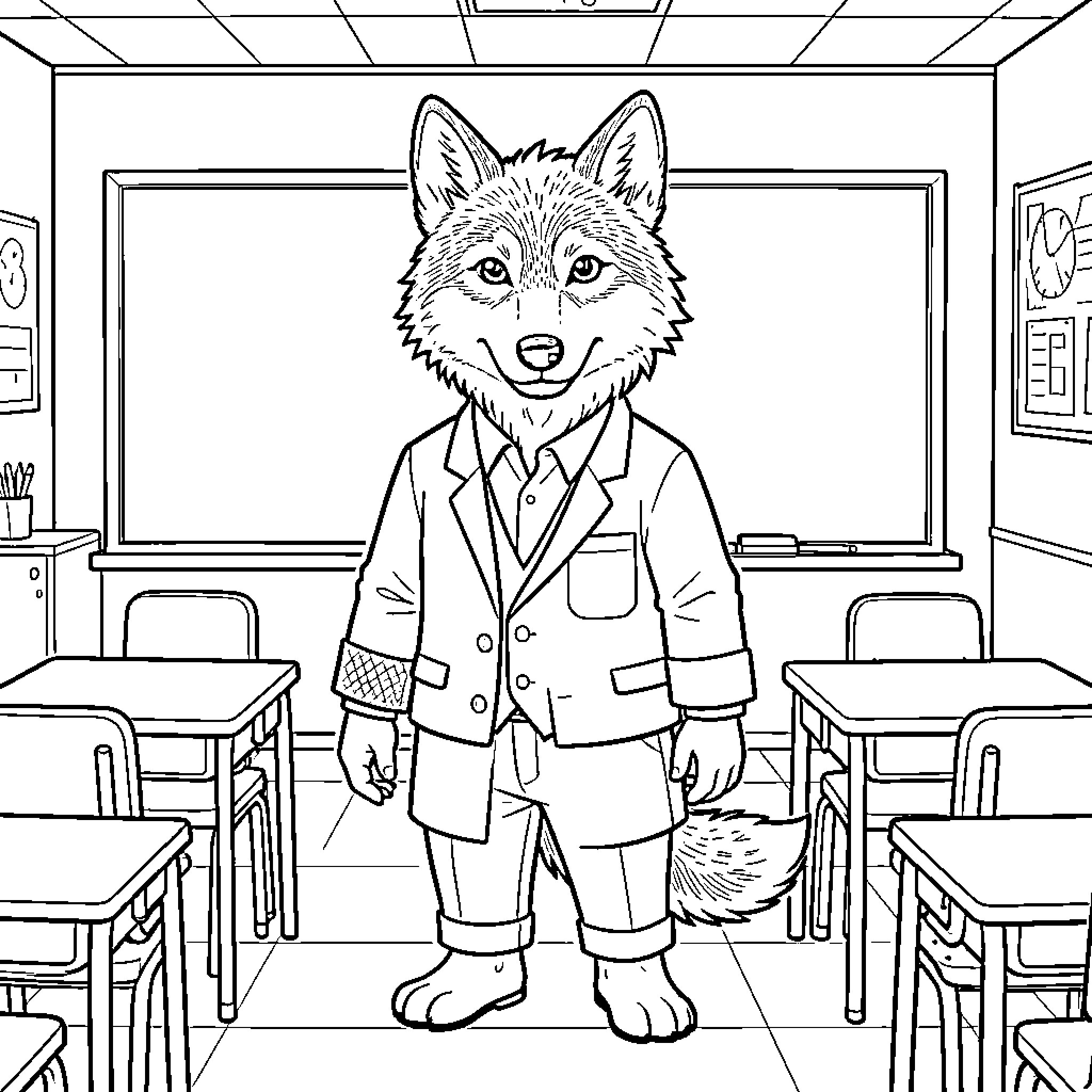 Wolf wearing a suit standing in a classroom Coloring Page (free black-and-white line drawing printable PDF for all, from beginners to advanced learners, including children, teens, adults, and seniors)