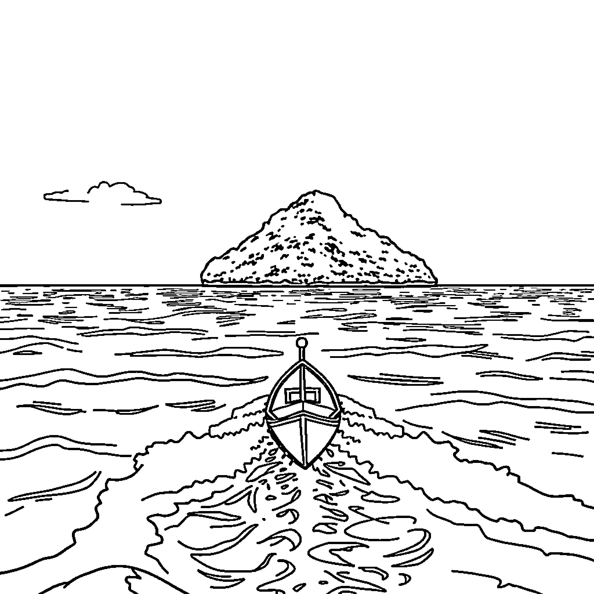 Boat sailing towards an island in the distance Coloring Page (free black-and-white line drawing printable PDF for all, from beginners to advanced learners, including children, teens, adults, and seniors)