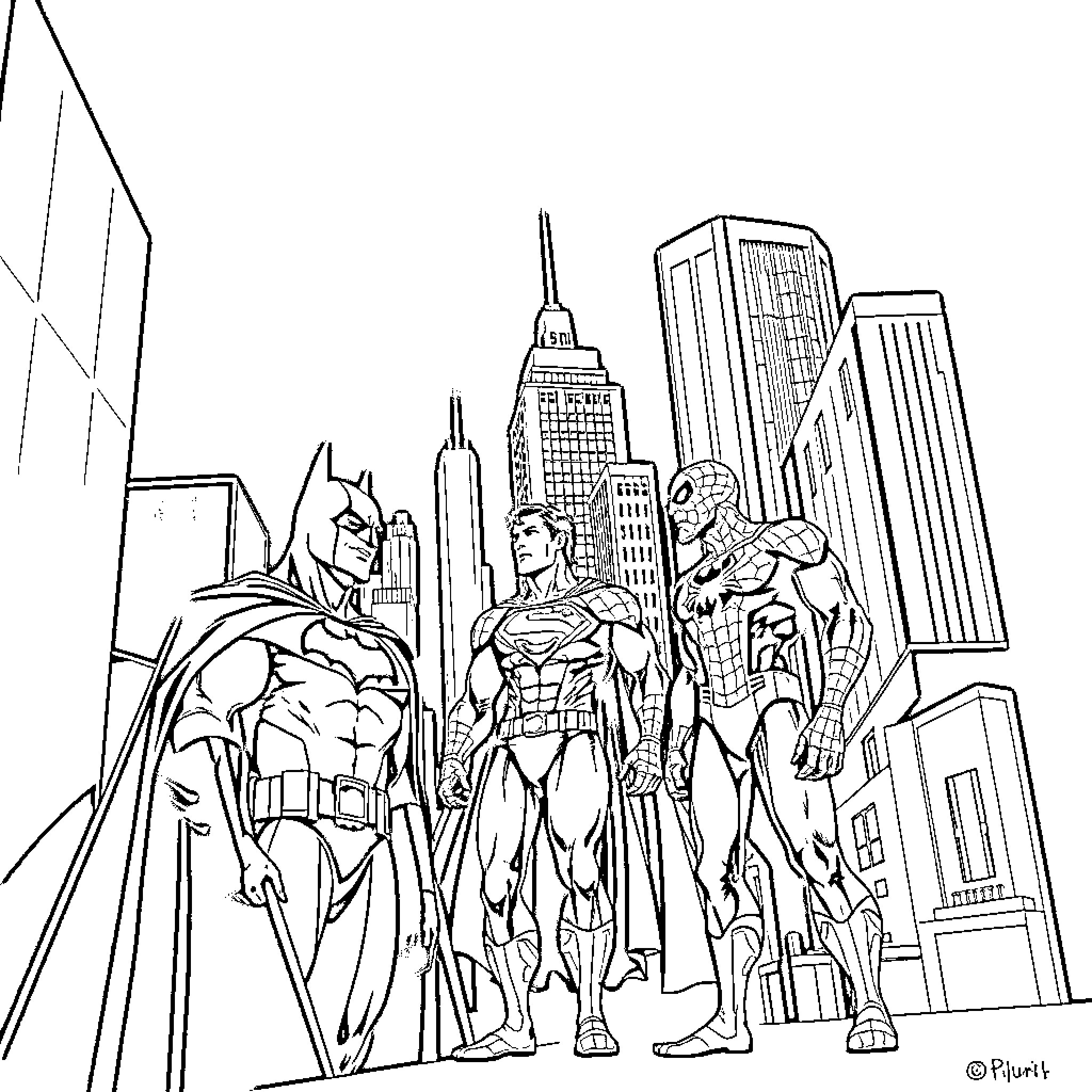 Superhero Team Stands Tall in Metropolis Cityscape Coloring Page (free black-and-white line drawing printable PDF for all, from beginners to advanced learners, including children, teens, adults, and seniors)