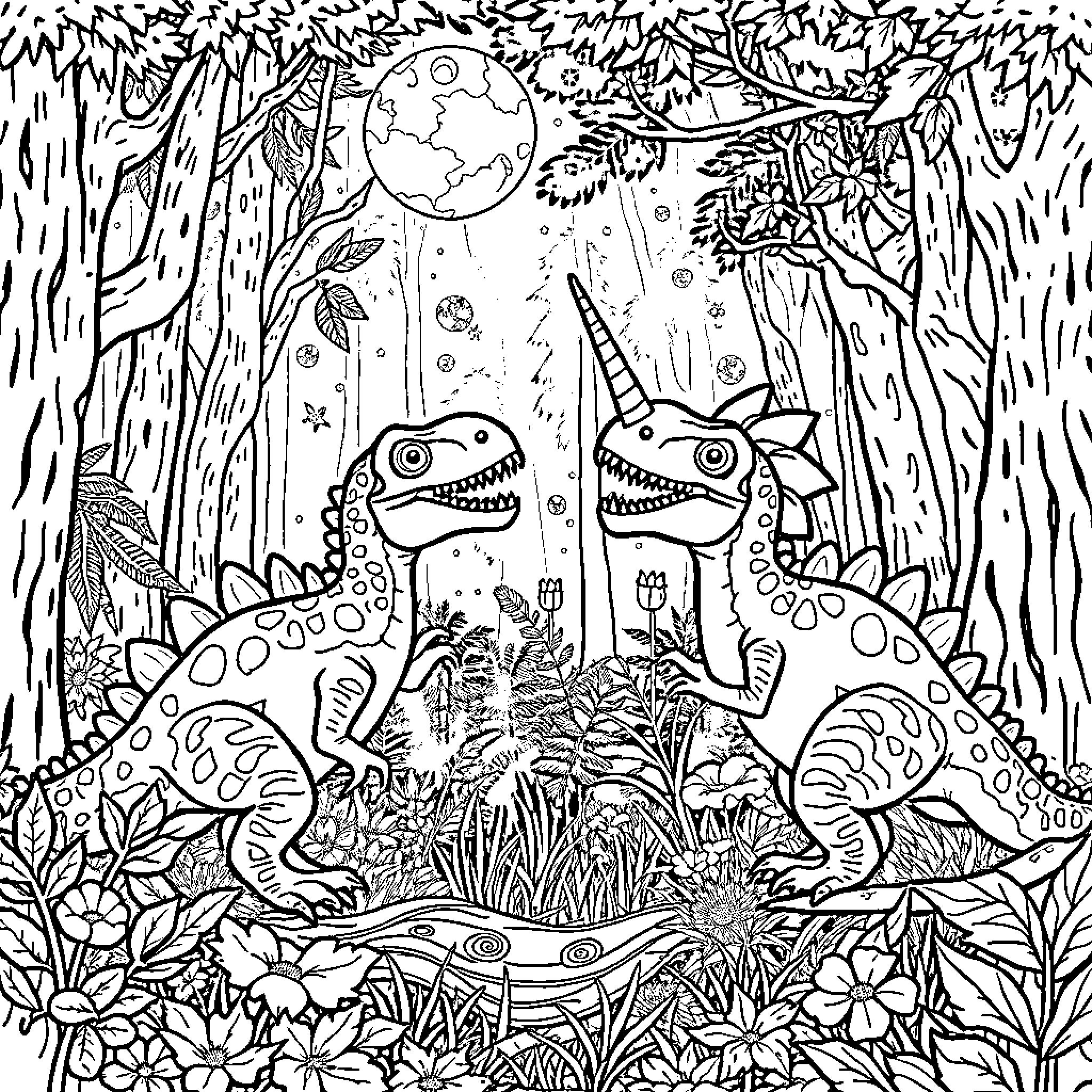 Dinosaur friends exploring the enchanting forest Coloring Page (free black-and-white line drawing printable PDF for all, from beginners to advanced learners, including children, teens, adults, and seniors)