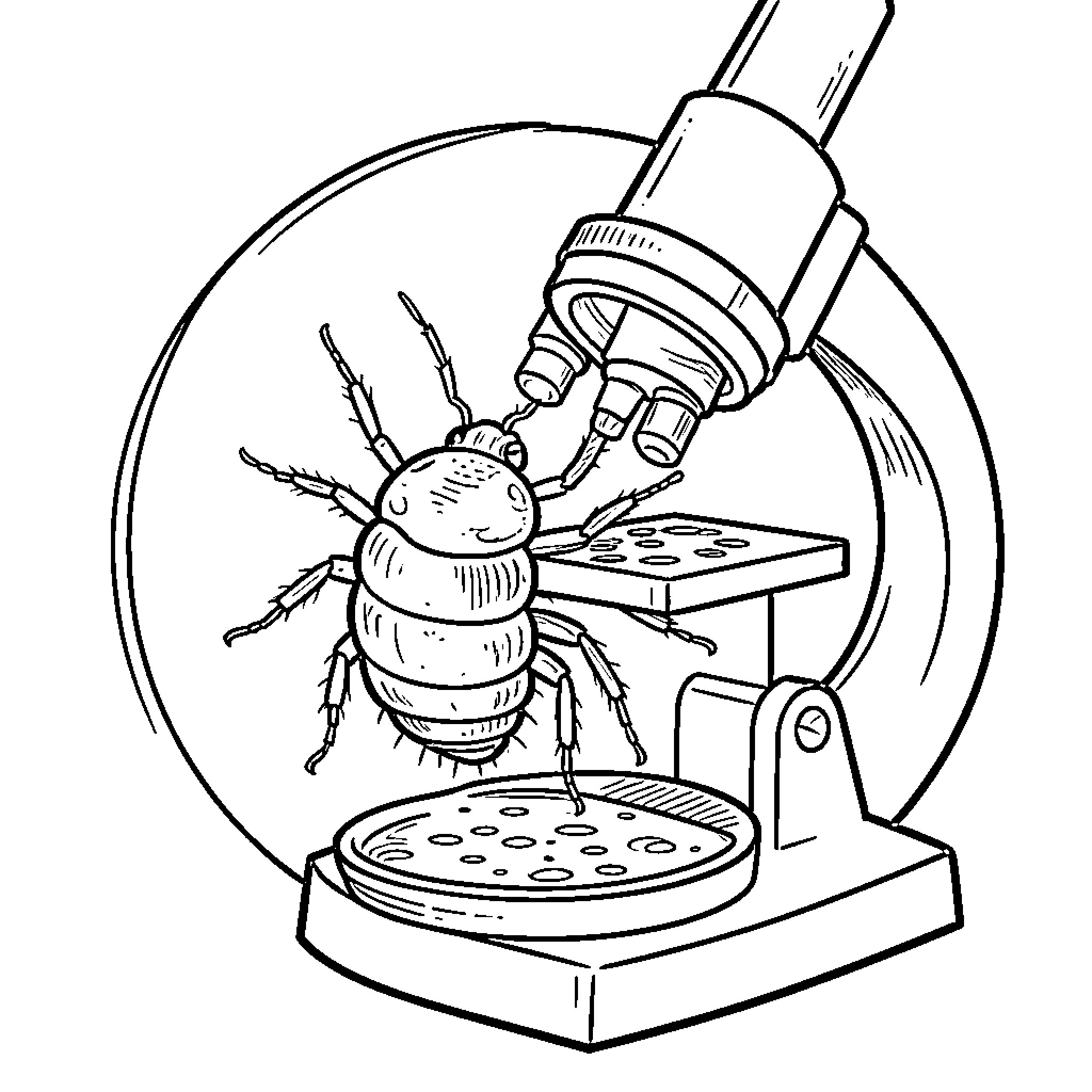 Bed Bug under Microscopic Examination Coloring Page (free black-and-white line drawing printable PDF for all, from beginners to advanced learners, including children, teens, adults, and seniors)