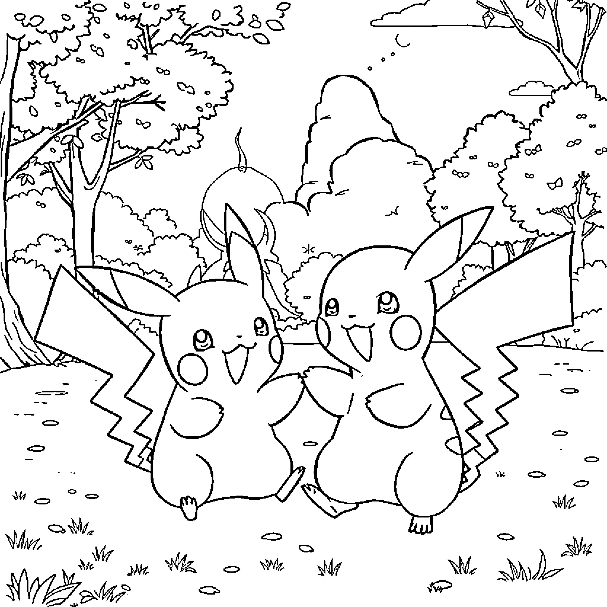 Pikachu enjoying a picnic with friends in the park Coloring Page (free black-and-white line drawing printable PDF for all, from beginners to advanced learners, including children, teens, adults, and seniors)