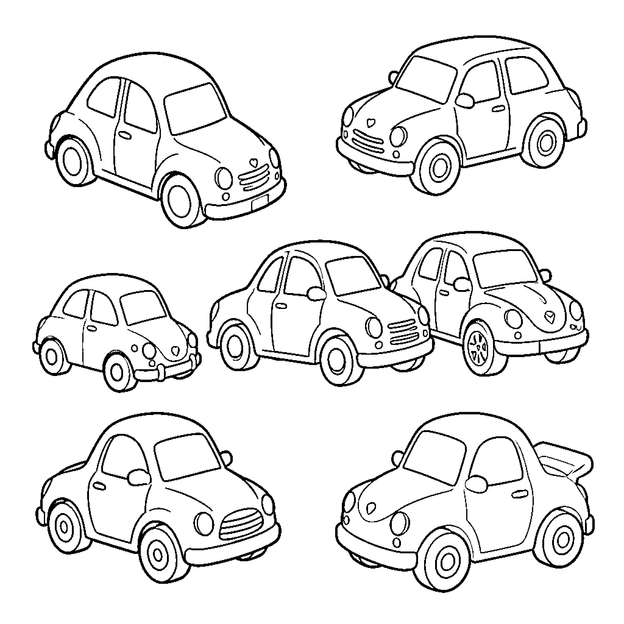 Car Doodles Featuring Cute and Whimsical Vehicle Designs Coloring Page (free black-and-white line drawing printable PDF for all, from beginners to advanced learners, including children, teens, adults, and seniors)