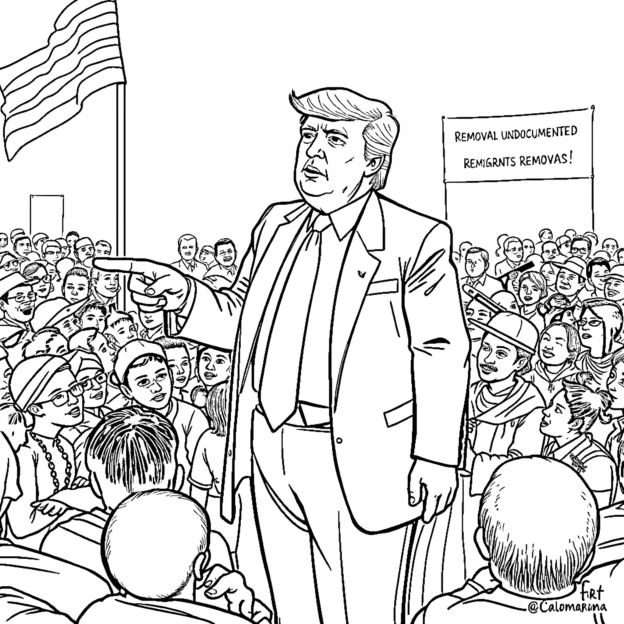 Donald Trump addressing a crowd with deportation sign Coloring Page (free black-and-white line drawing printable PDF for all, from beginners to advanced learners, including children, teens, adults, and seniors)