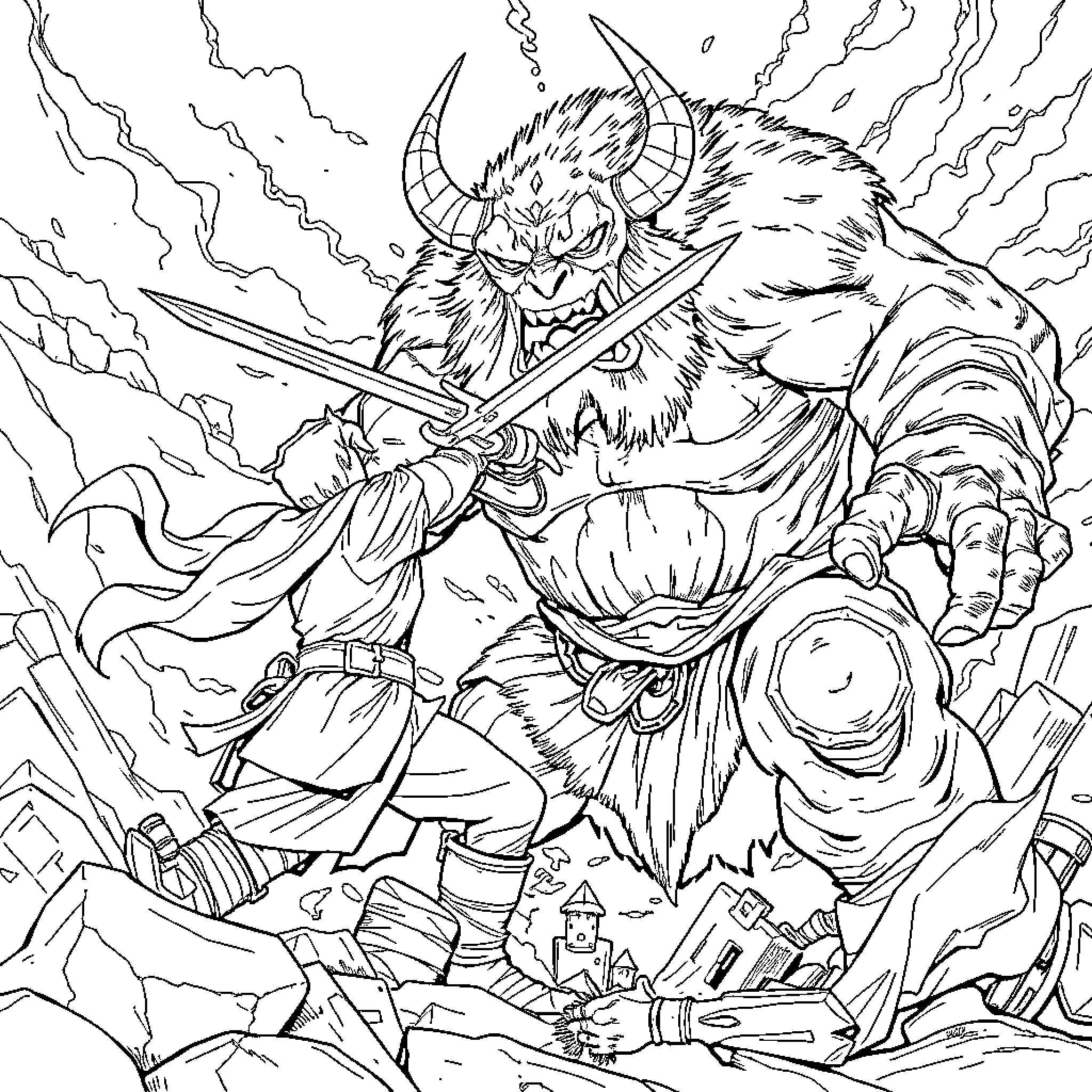 Ogre Warrior Raging in Battle with Sword Coloring Page (free black-and-white line drawing printable PDF for all, from beginners to advanced learners, including children, teens, adults, and seniors)