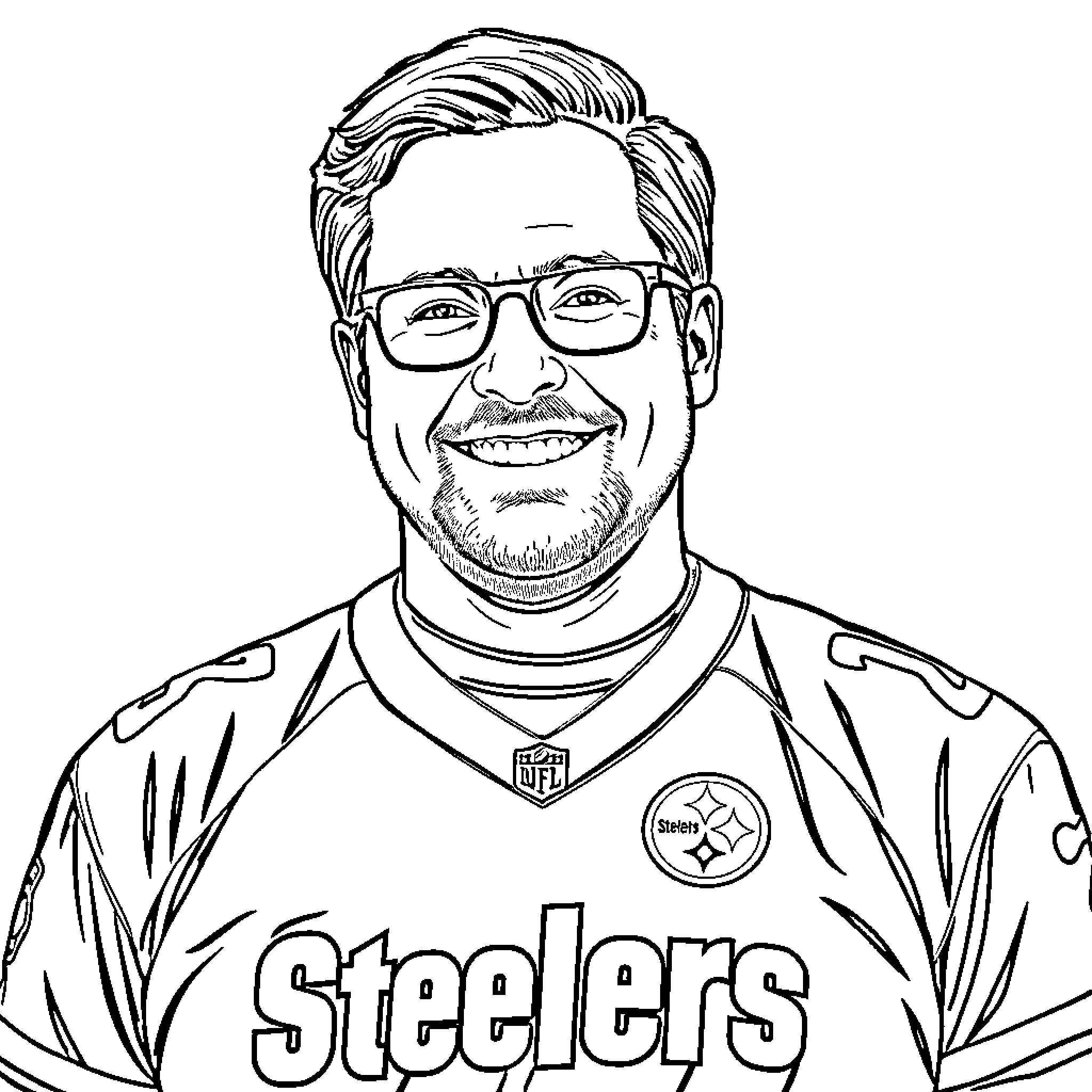 Dwight Schrute as a Pittsburgh Steelers Fan Coloring Page (free black-and-white line drawing printable PDF for all, from beginners to advanced learners, including children, teens, adults, and seniors)