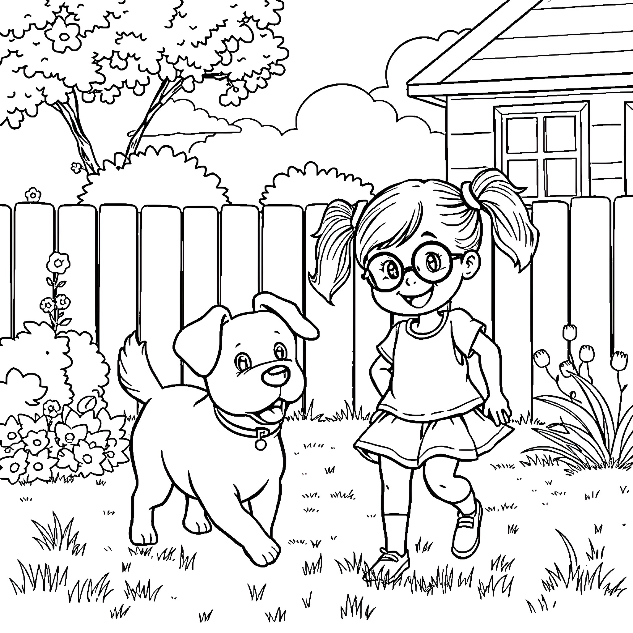 Girl playing with her dog in the yard Coloring Page (free black-and-white line drawing printable PDF for all, from beginners to advanced learners, including children, teens, adults, and seniors)