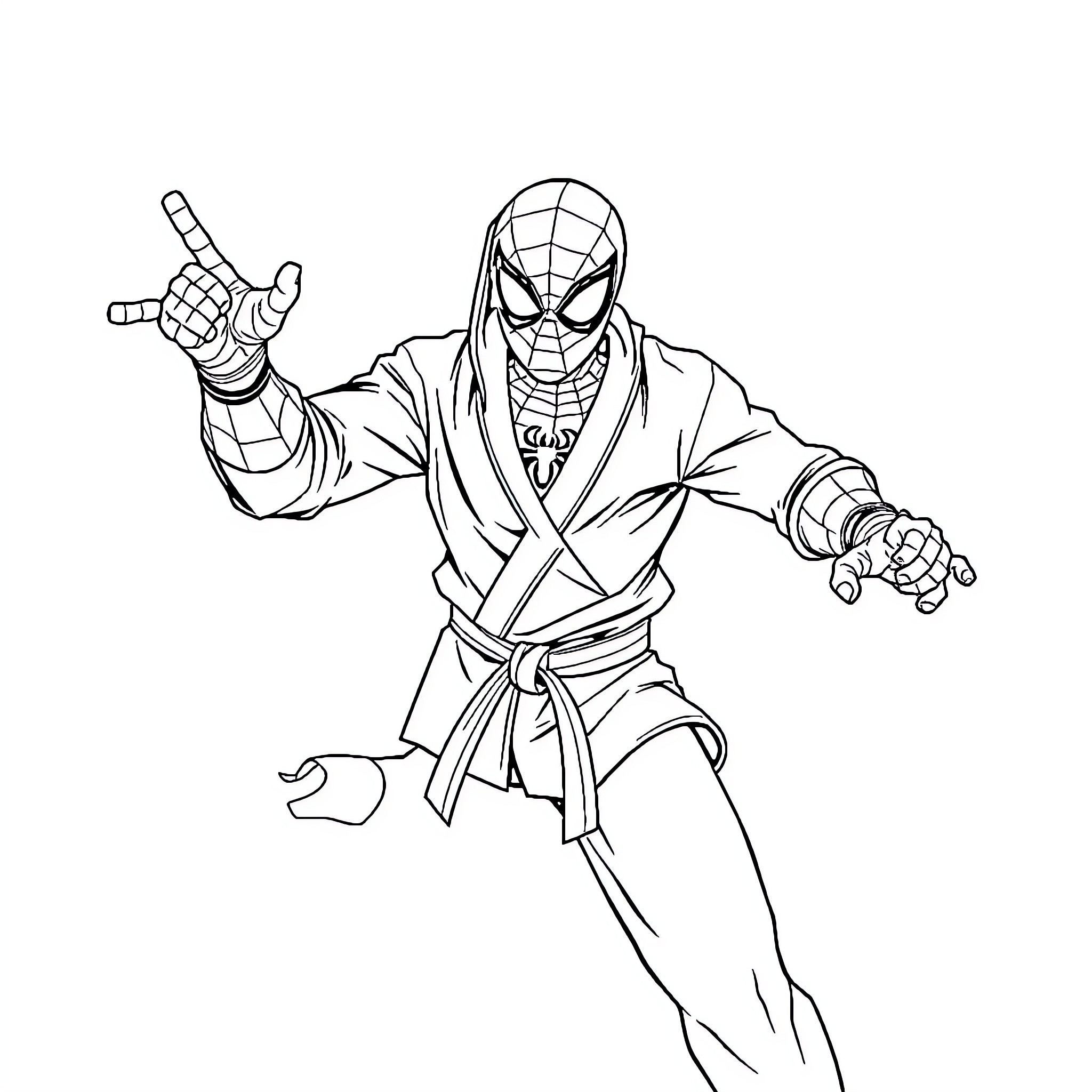 Spiderman in action-ready stance Coloring Page (free black-and-white line drawing printable PDF for all, from beginners to advanced learners, including children, teens, adults, and seniors)