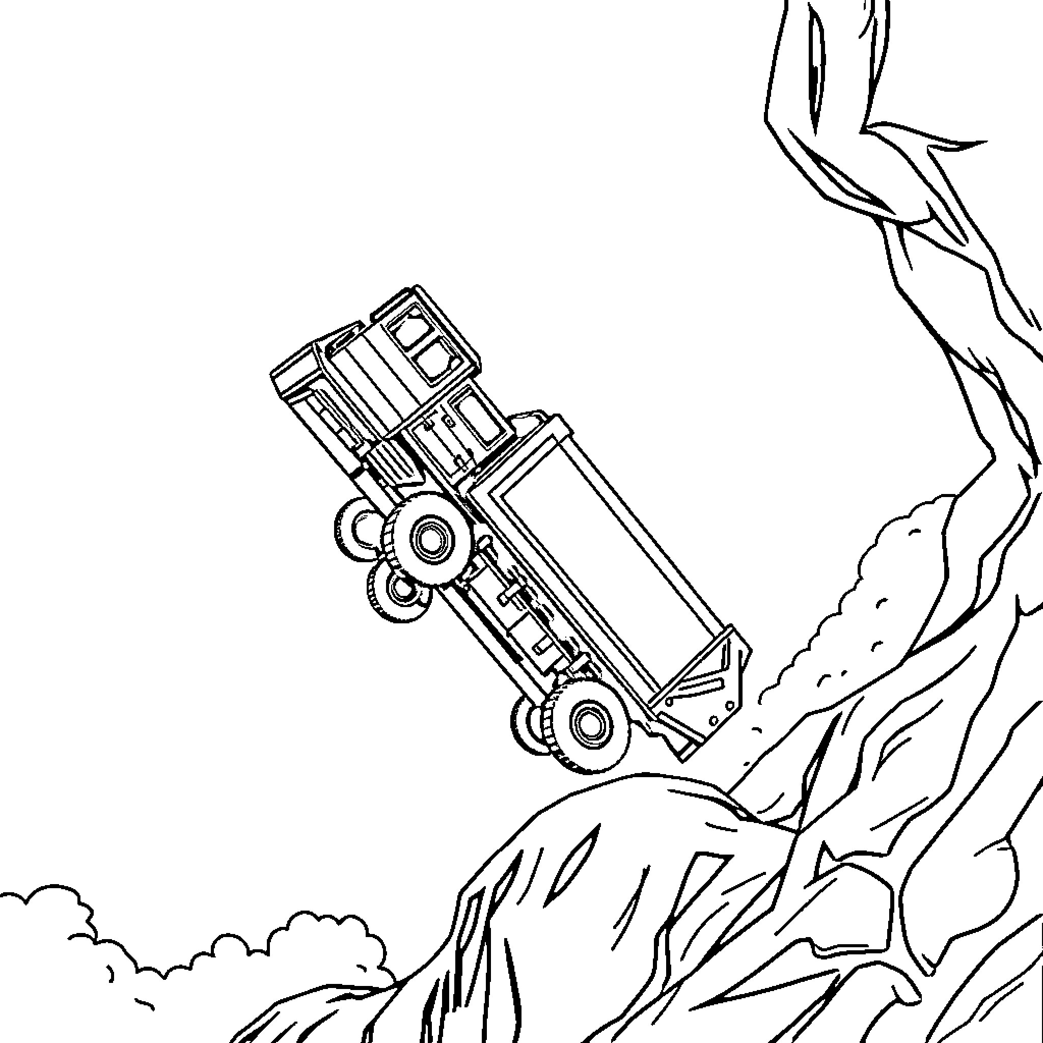 Trash Truck Climbing Rugged Terrain Coloring Page (free black-and-white line drawing printable PDF for all, from beginners to advanced learners, including children, teens, adults, and seniors)