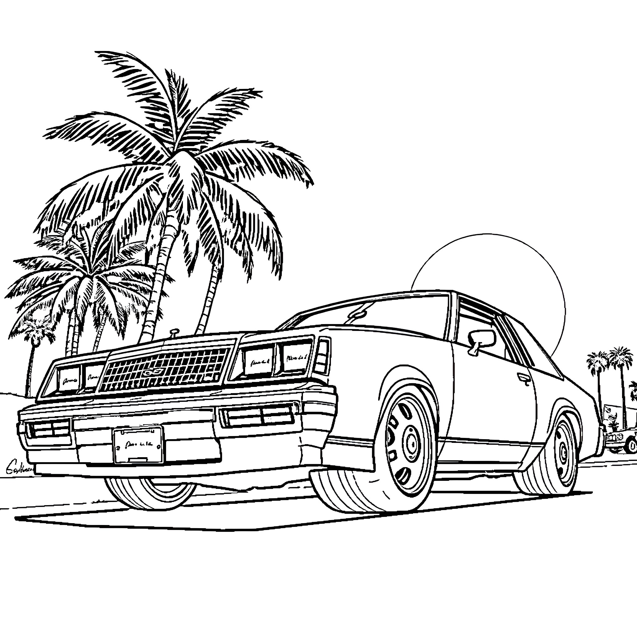 Nova Retro Car on Palm-Lined Road Coloring Page (free black-and-white line drawing printable PDF for all, from beginners to advanced learners, including children, teens, adults, and seniors)
