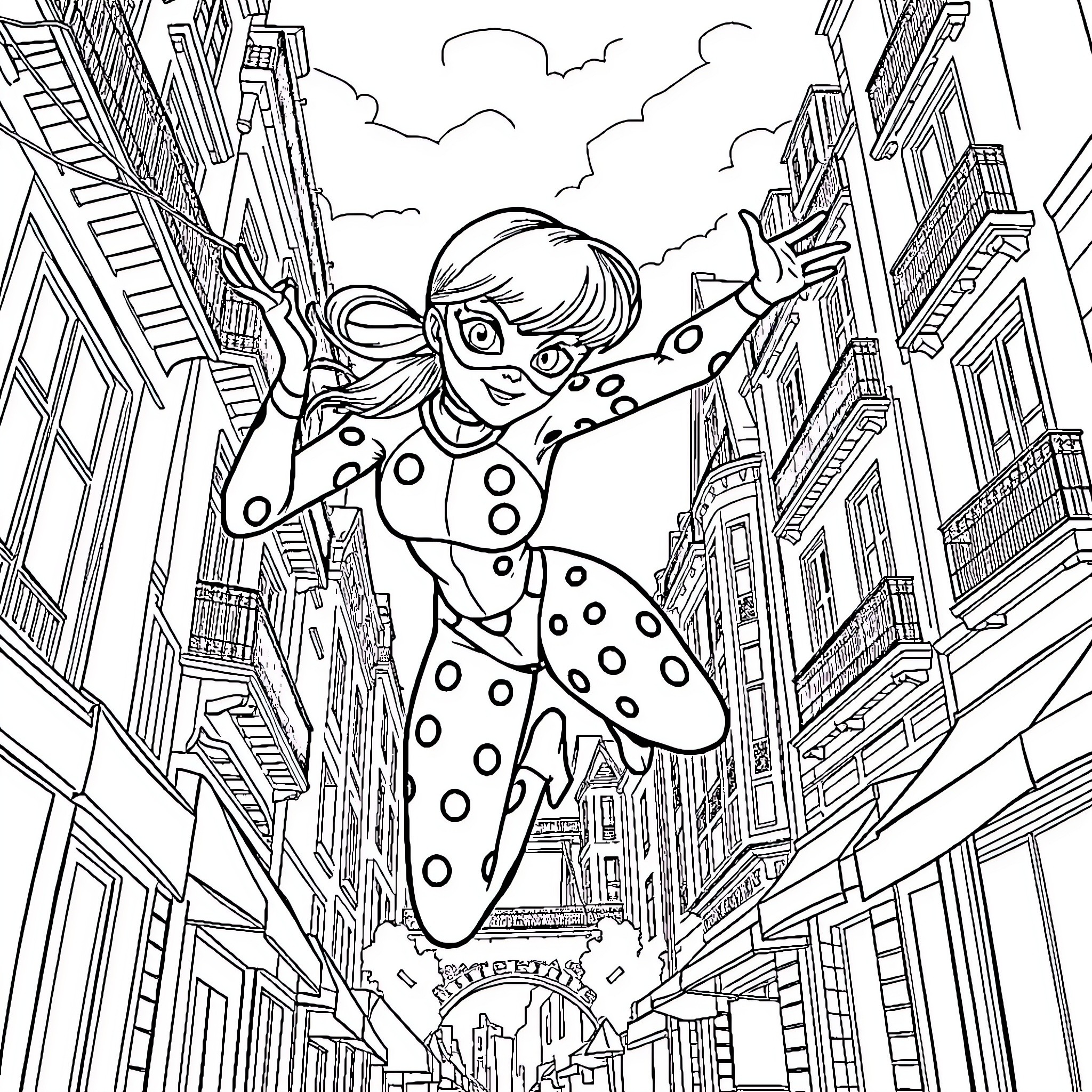 Ladybug flying swiftly through the city streets Coloring Page (free black-and-white line drawing printable PDF for all, from beginners to advanced learners, including children, teens, adults, and seniors)