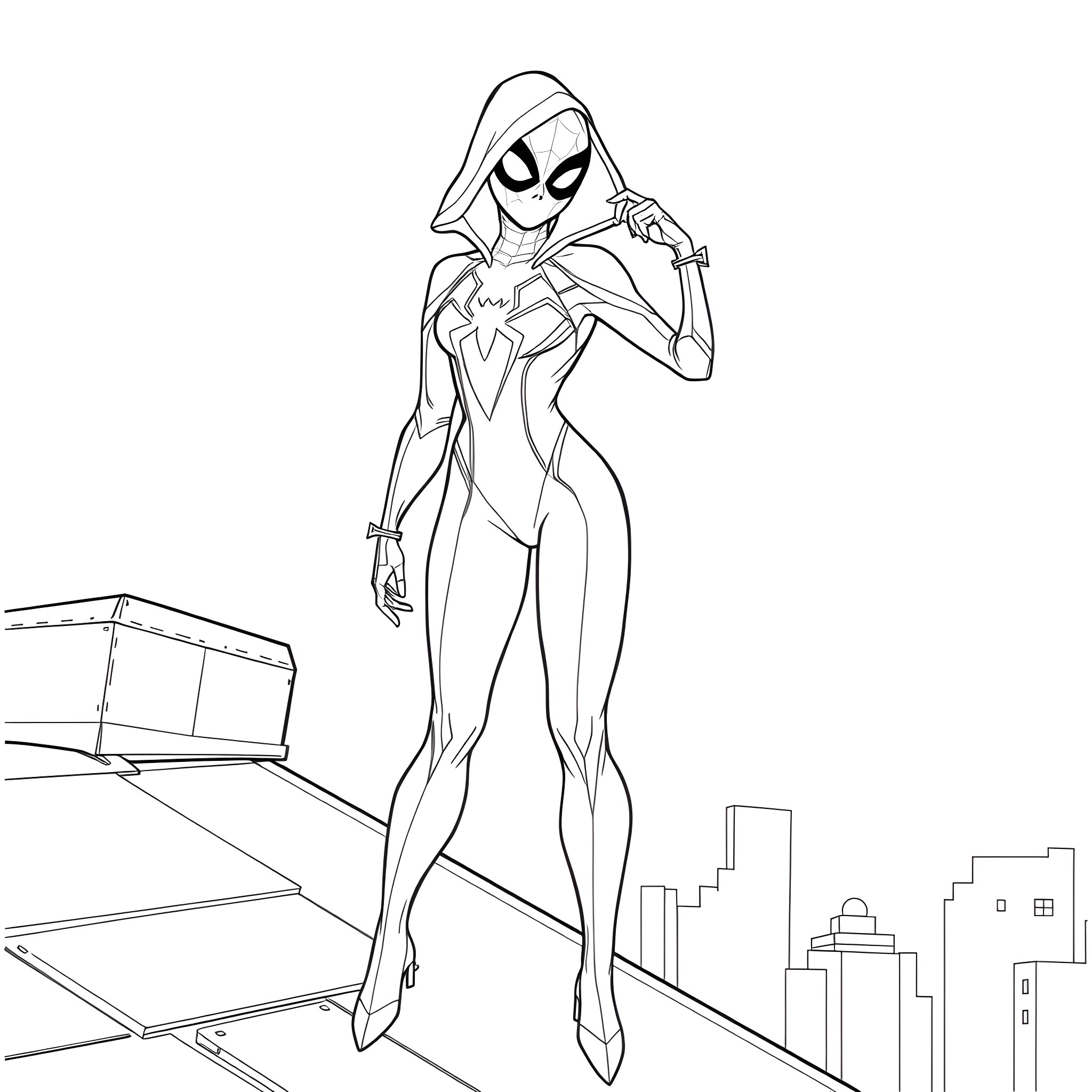 Gwen Stacy in heroic pose overlooking the city Coloring Page (free black-and-white line drawing printable PDF for all, from beginners to advanced learners, including children, teens, adults, and seniors)