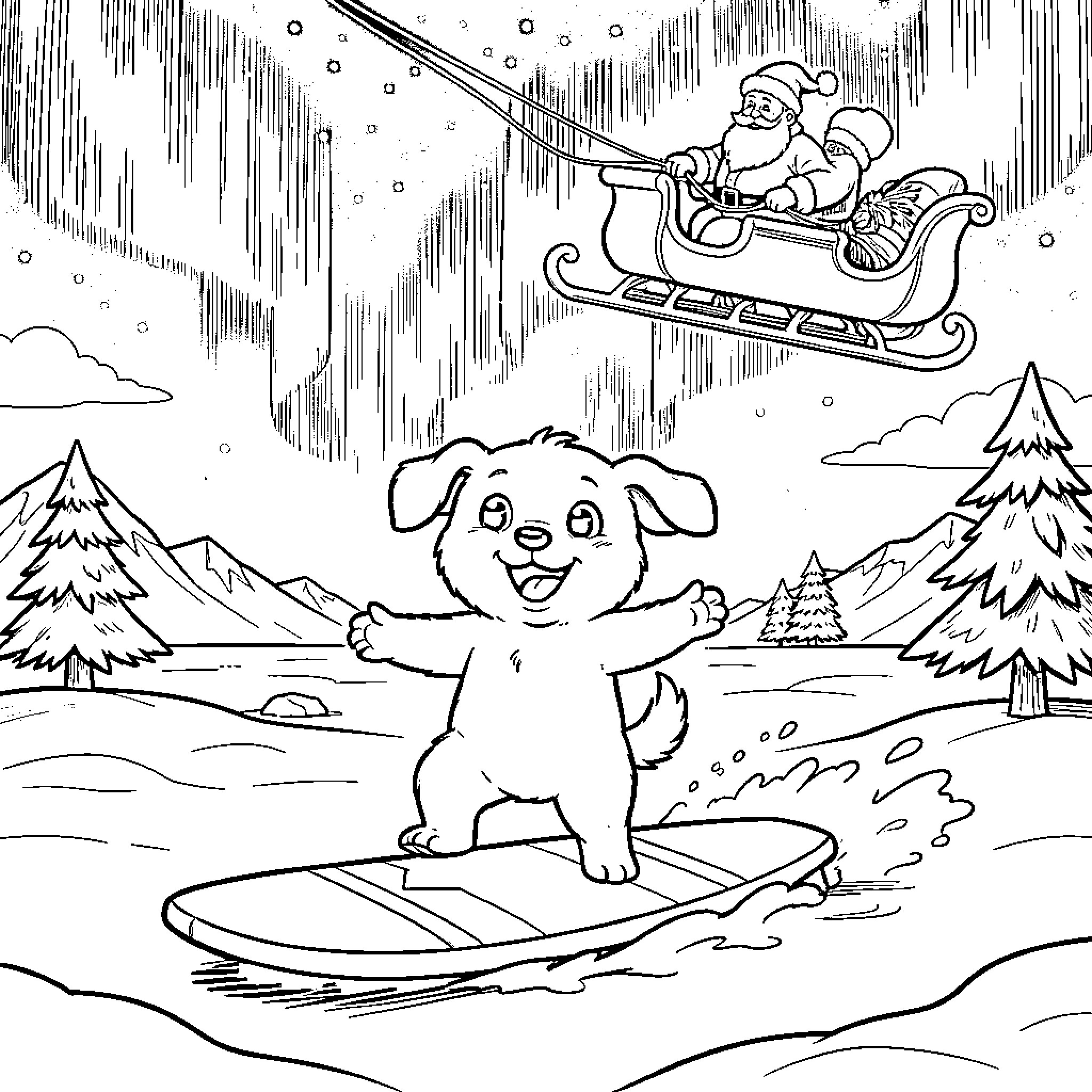 Pibble surfing and Santa sleigh in winter wonderland Coloring Page (free black-and-white line drawing printable PDF for all, from beginners to advanced learners, including children, teens, adults, and seniors)