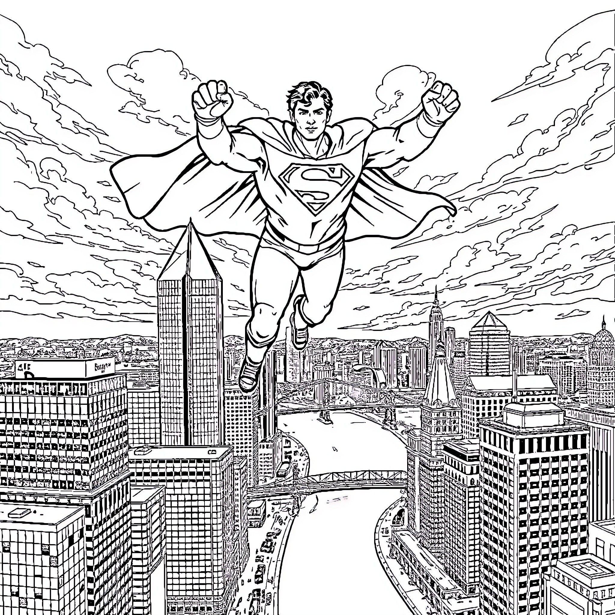 Sidney Crosby soaring over cityscape in superhero pose Coloring Page (free black-and-white line drawing printable PDF for all, from beginners to advanced learners, including children, teens, adults, and seniors)