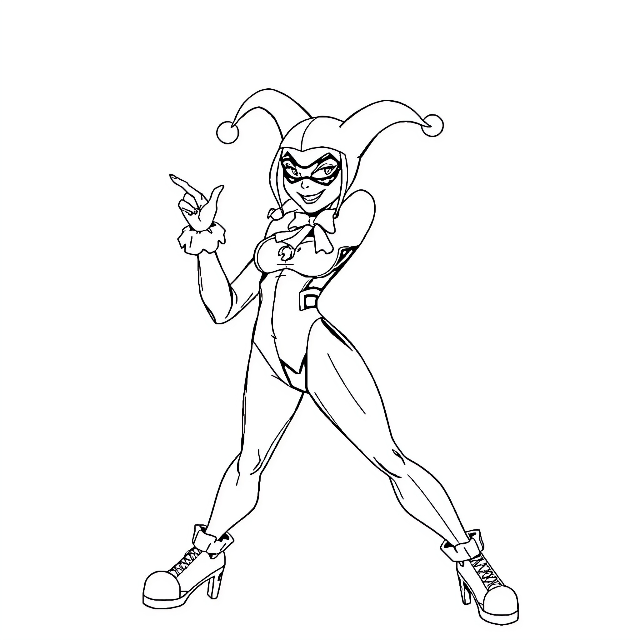 Harley Quinn in playful jester outfit Coloring Page (free black-and-white line drawing printable PDF for all, from beginners to advanced learners, including children, teens, adults, and seniors)