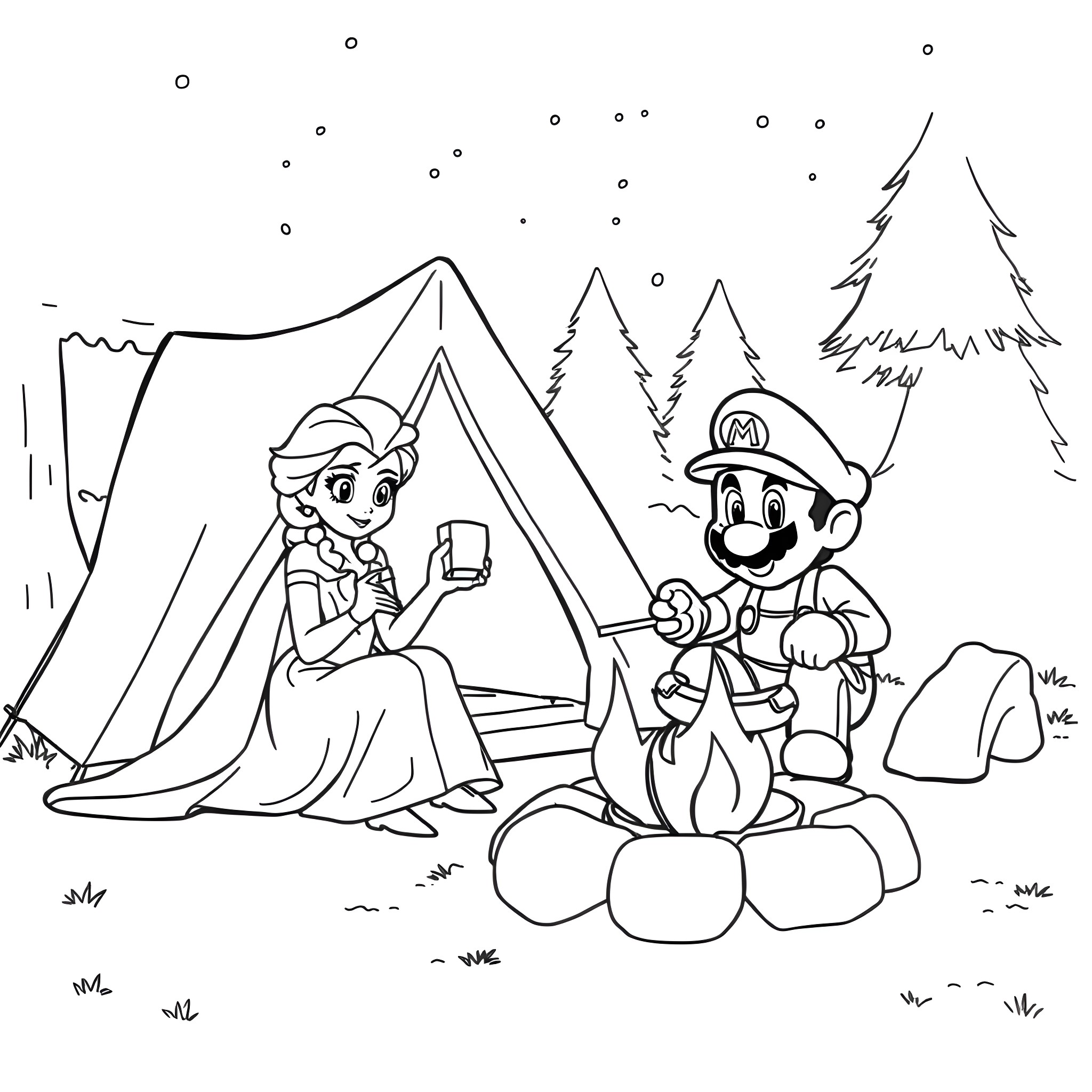Elsa and Mario camping in the snowy forest Coloring Page (free black-and-white line drawing printable PDF for all, from beginners to advanced learners, including children, teens, adults, and seniors)