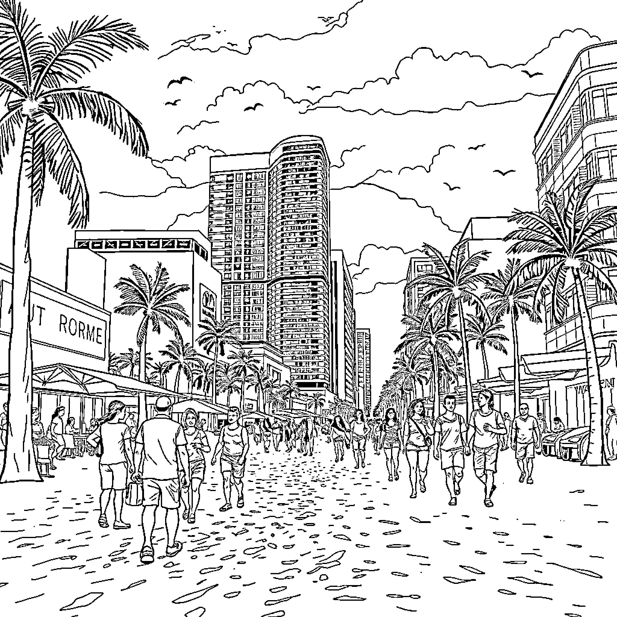 Hotel Bustling Beach Scene with Skyscrapers Coloring Page (free black-and-white line drawing printable PDF for all, from beginners to advanced learners, including children, teens, adults, and seniors)