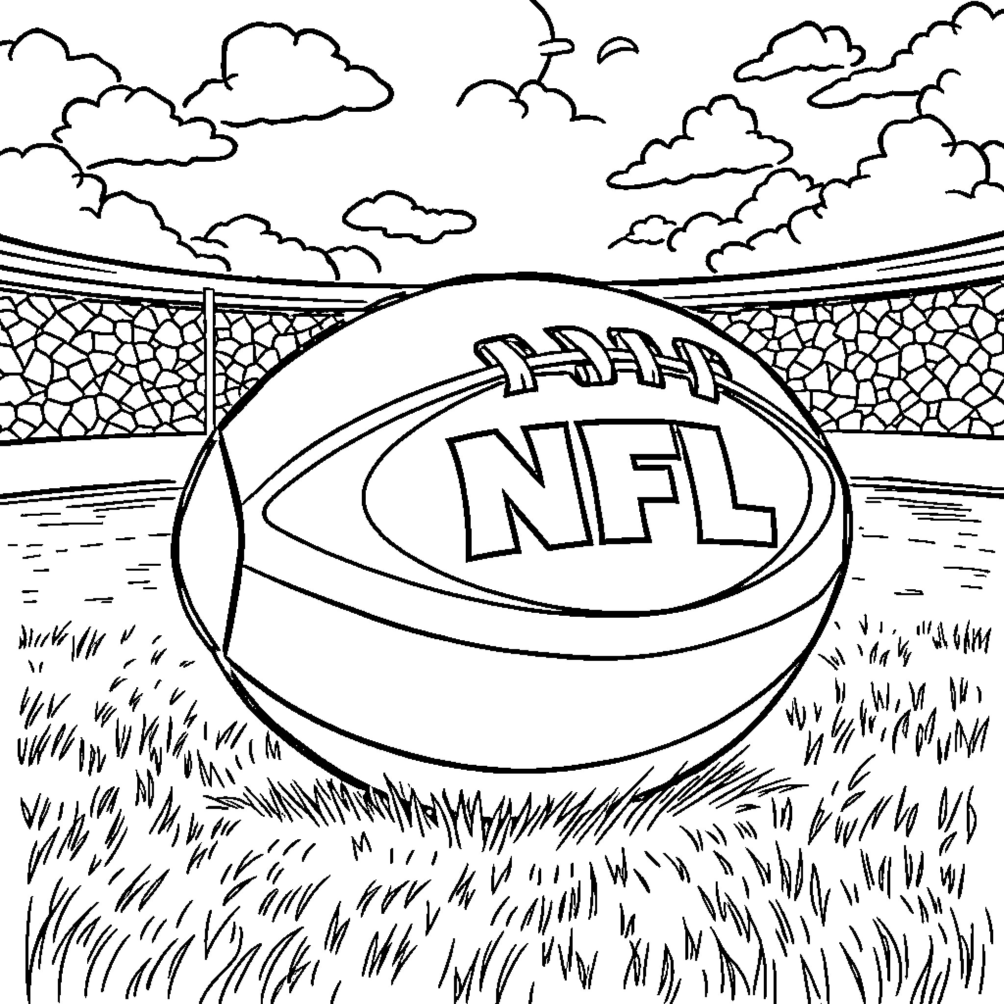 AFL Football Match in Stadium with Clouds Coloring Page (free black-and-white line drawing printable PDF for all, from beginners to advanced learners, including children, teens, adults, and seniors)