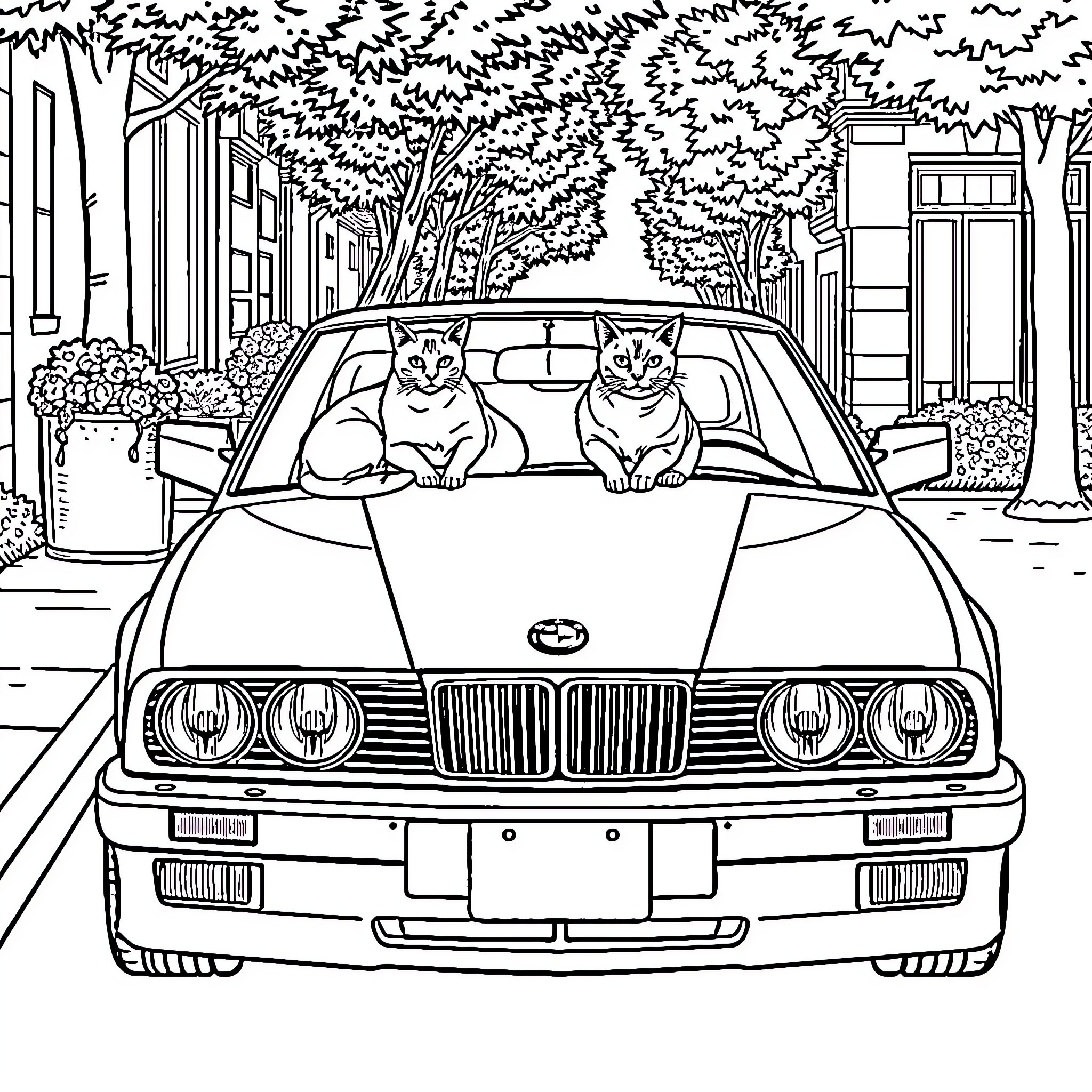 BMW cats enjoying a ride through the city Coloring Page (free black-and-white line drawing printable PDF for all, from beginners to advanced learners, including children, teens, adults, and seniors)