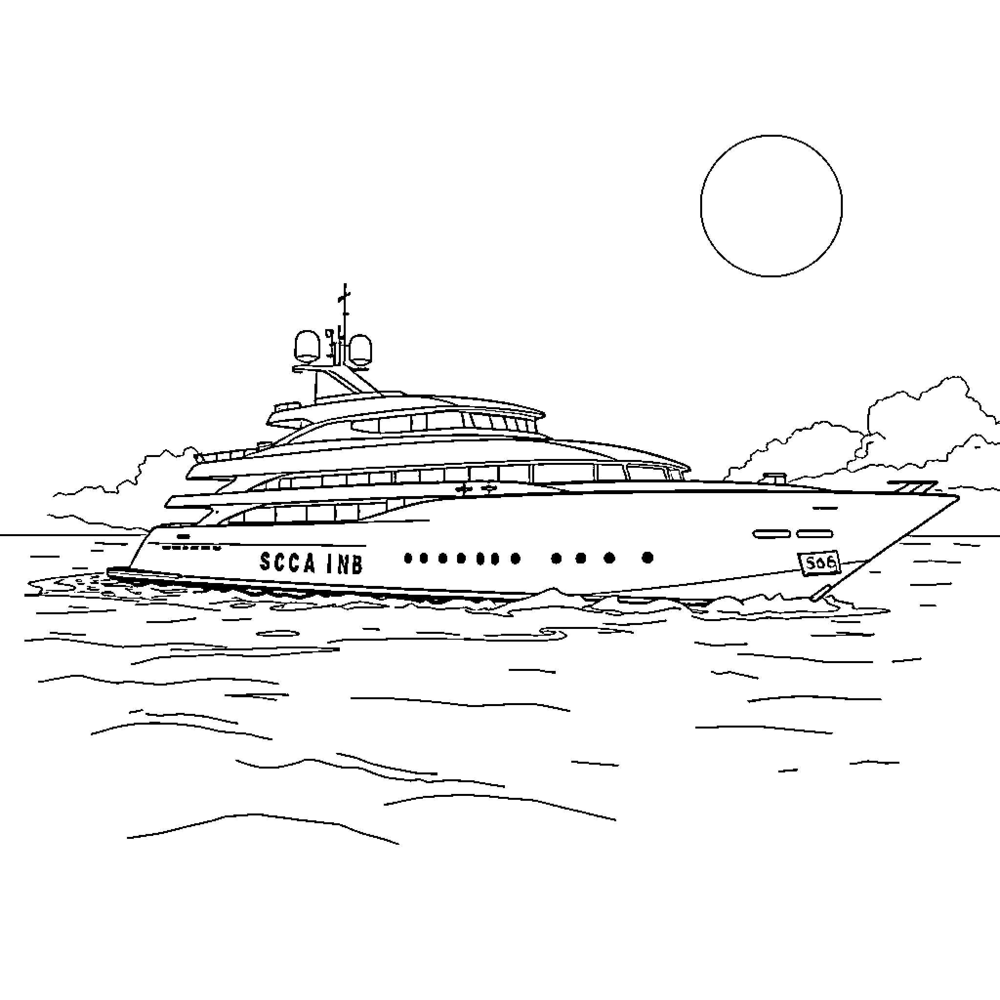 Superyacht cruising through the open waters Coloring Page (free black-and-white line drawing printable PDF for all, from beginners to advanced learners, including children, teens, adults, and seniors)
