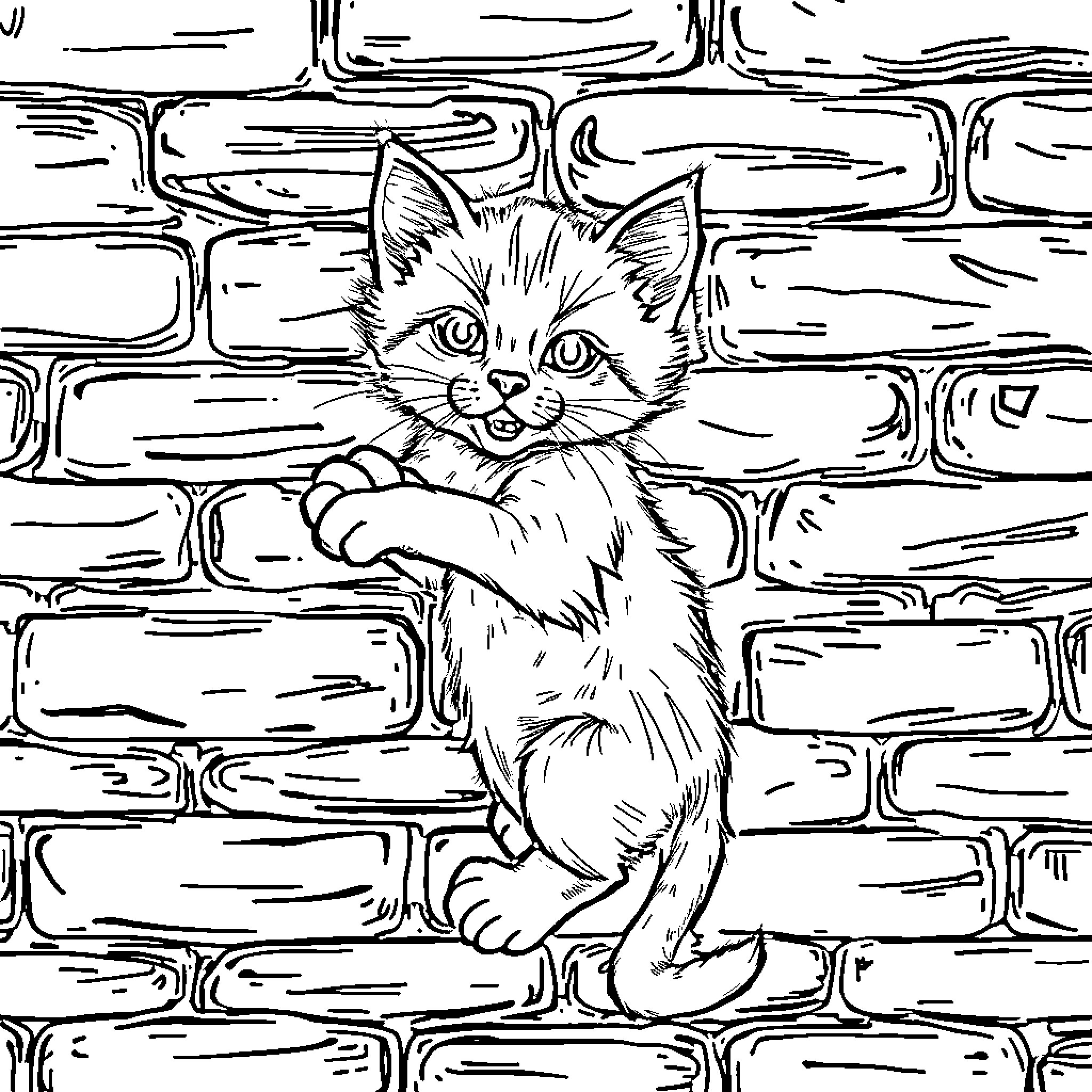 Kitten Playing Curiously on Brick Wall Coloring Page (free black-and-white line drawing printable PDF for all, from beginners to advanced learners, including children, teens, adults, and seniors)