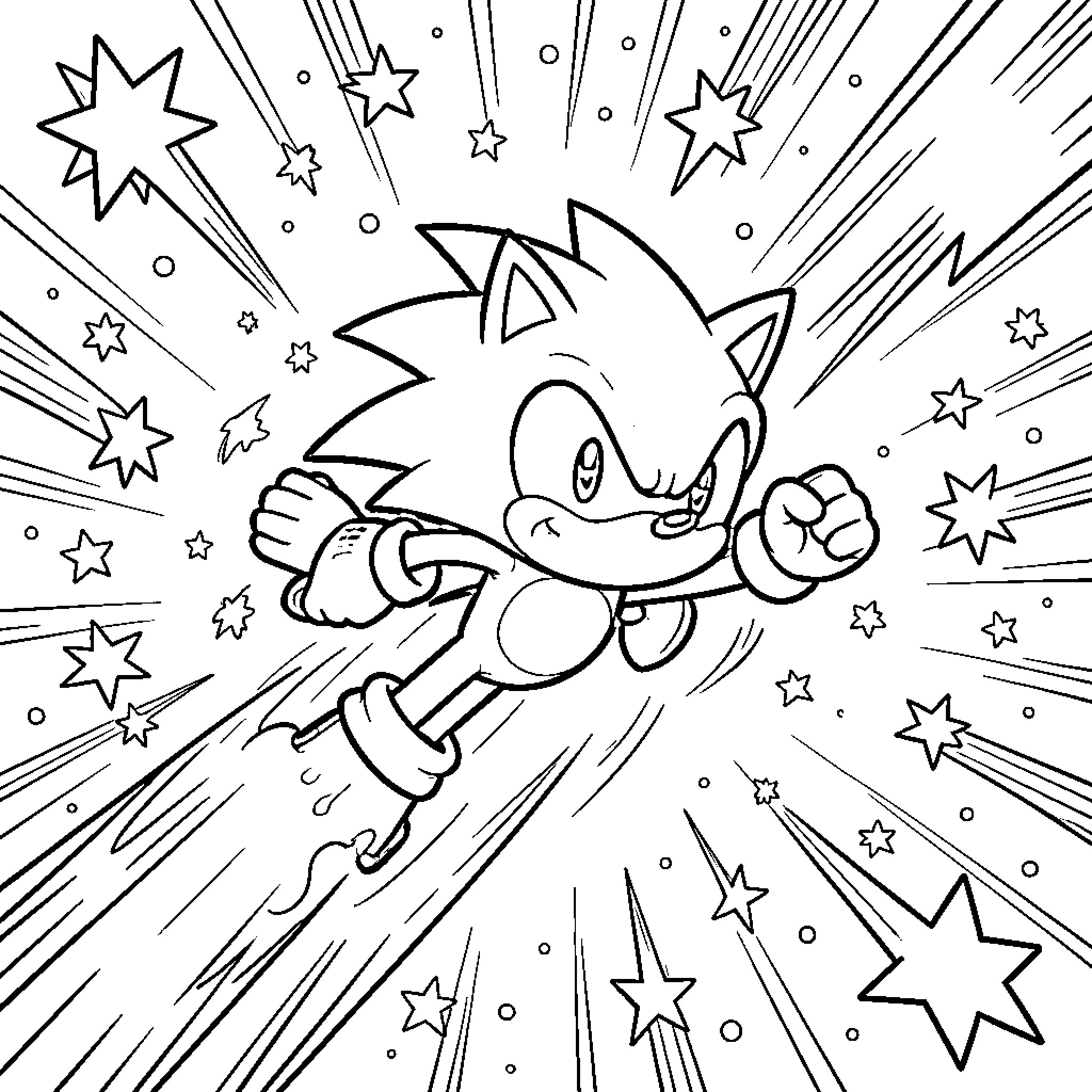 Sonic running through a starry sky Coloring Page (free black-and-white line drawing printable PDF for all, from beginners to advanced learners, including children, teens, adults, and seniors)