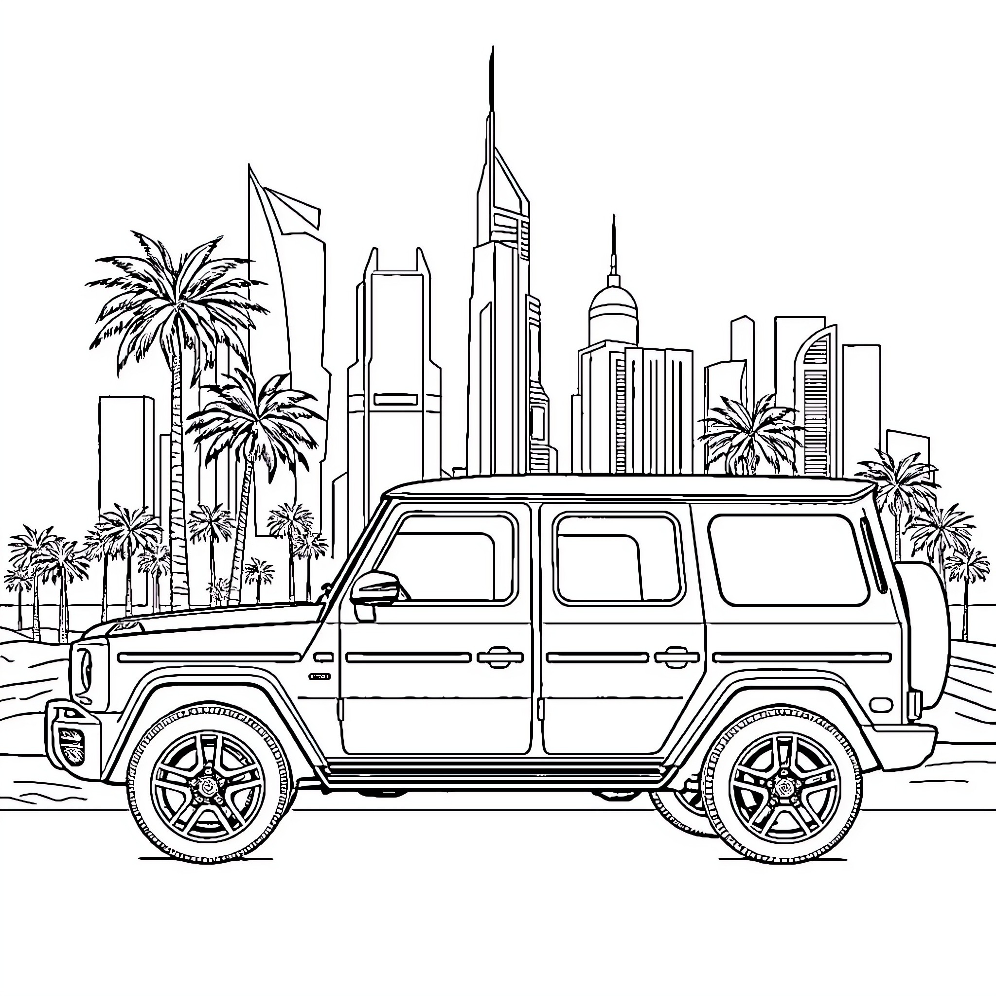 G Wagon traversing the urban landscape Coloring Page (free black-and-white line drawing printable PDF for all, from beginners to advanced learners, including children, teens, adults, and seniors)