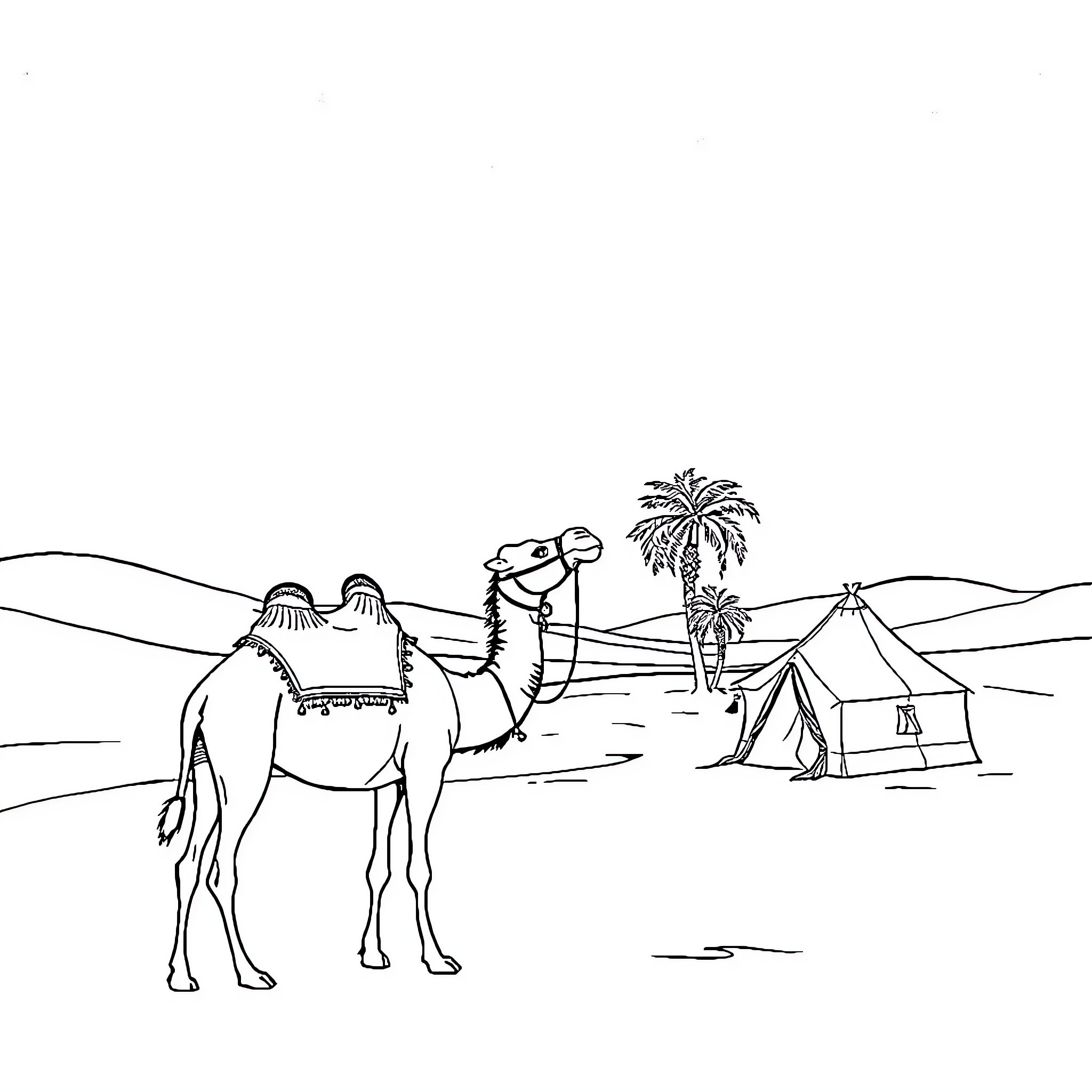Camel resting in desert oasis with tents Coloring Page (free black-and-white line drawing printable PDF for all, from beginners to advanced learners, including children, teens, adults, and seniors)