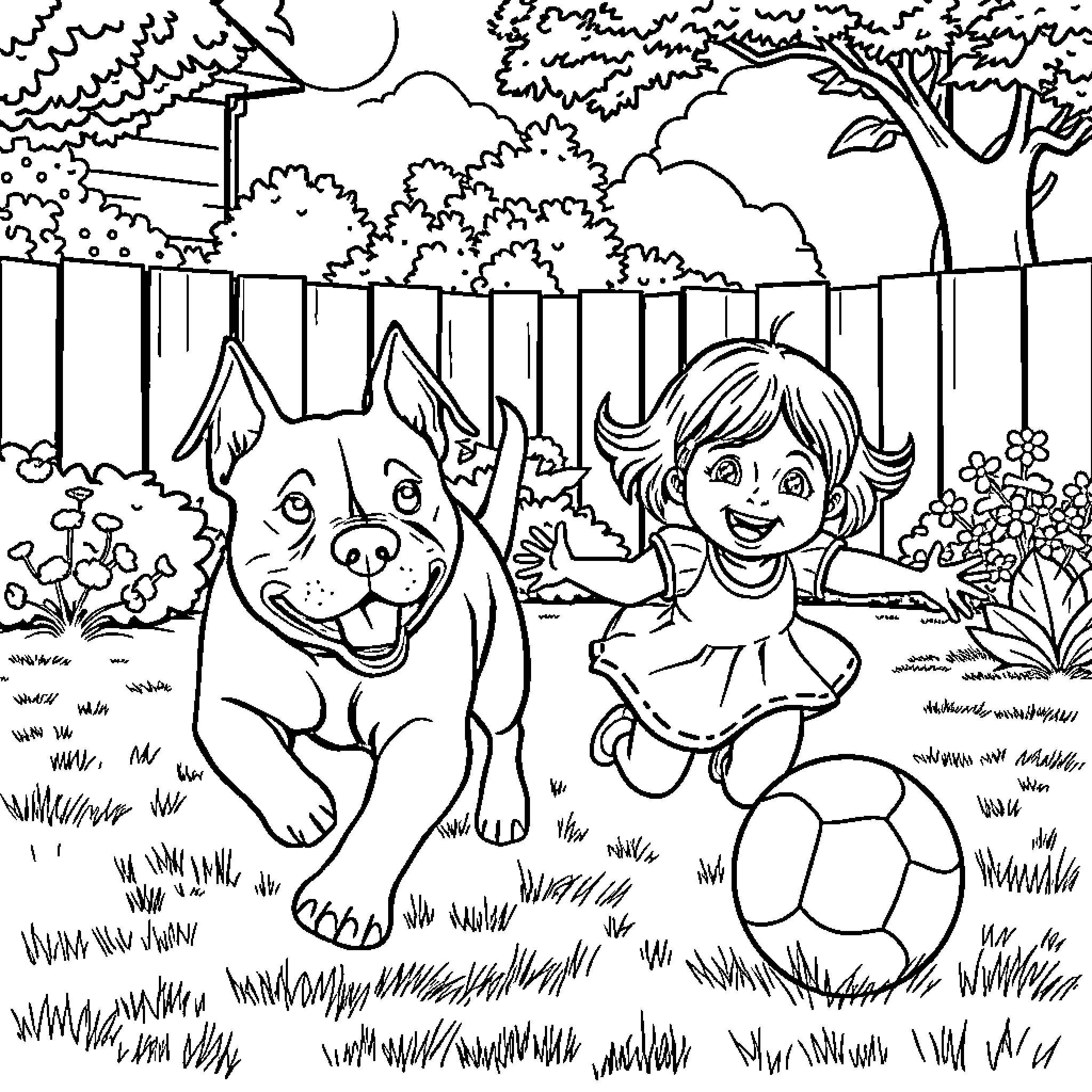 Pitbull playing happily with child in the park Coloring Page (free black-and-white line drawing printable PDF for all, from beginners to advanced learners, including children, teens, adults, and seniors)