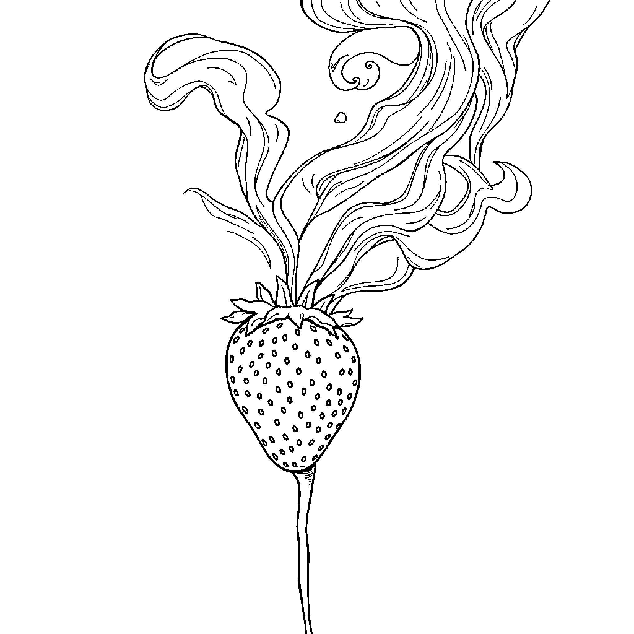 Strawberry with whimsical swirls and flourishes Coloring Page (free black-and-white line drawing printable PDF for all, from beginners to advanced learners, including children, teens, adults, and seniors)
