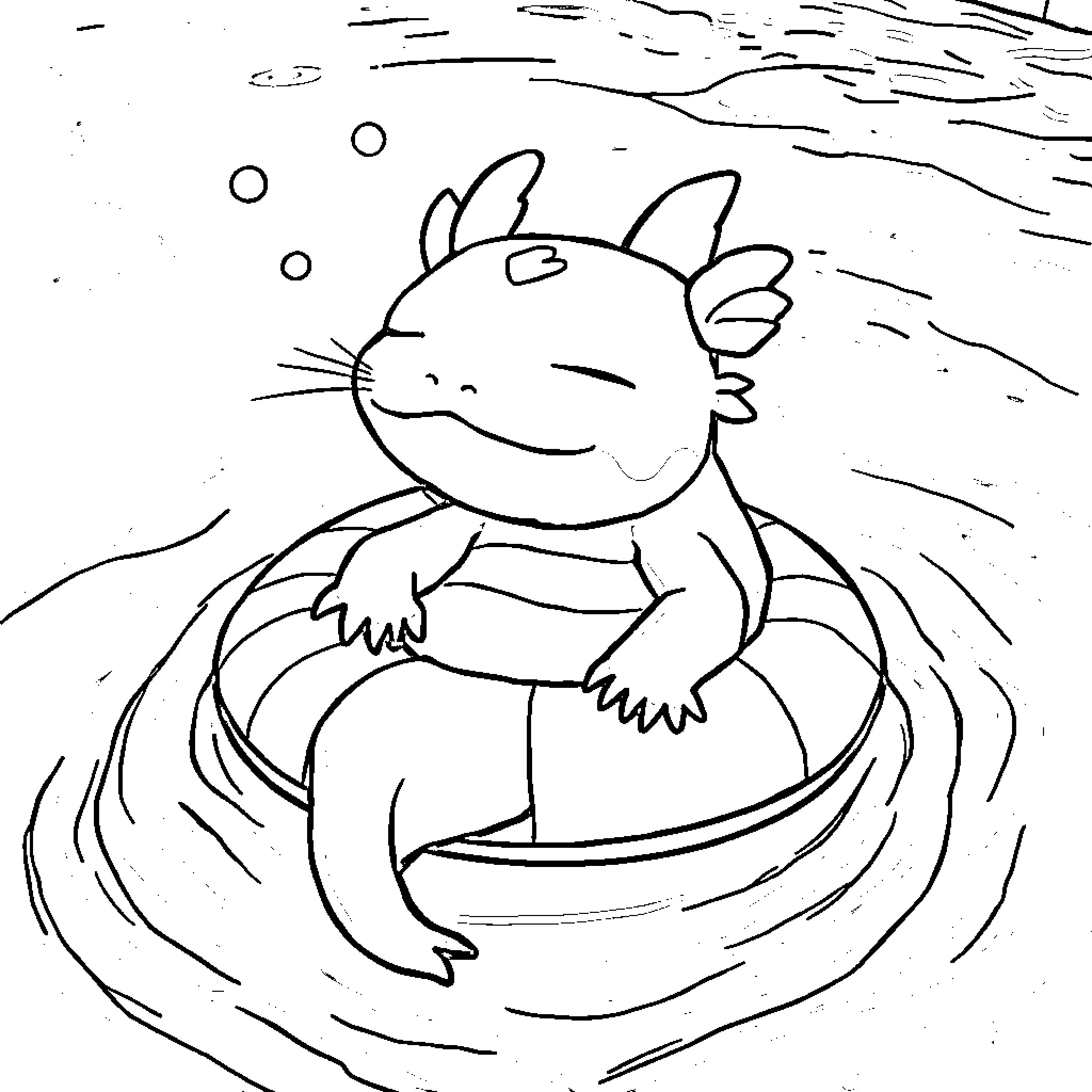 Axolotl swimming happily in the water Coloring Page (free black-and-white line drawing printable PDF for all, from beginners to advanced learners, including children, teens, adults, and seniors)