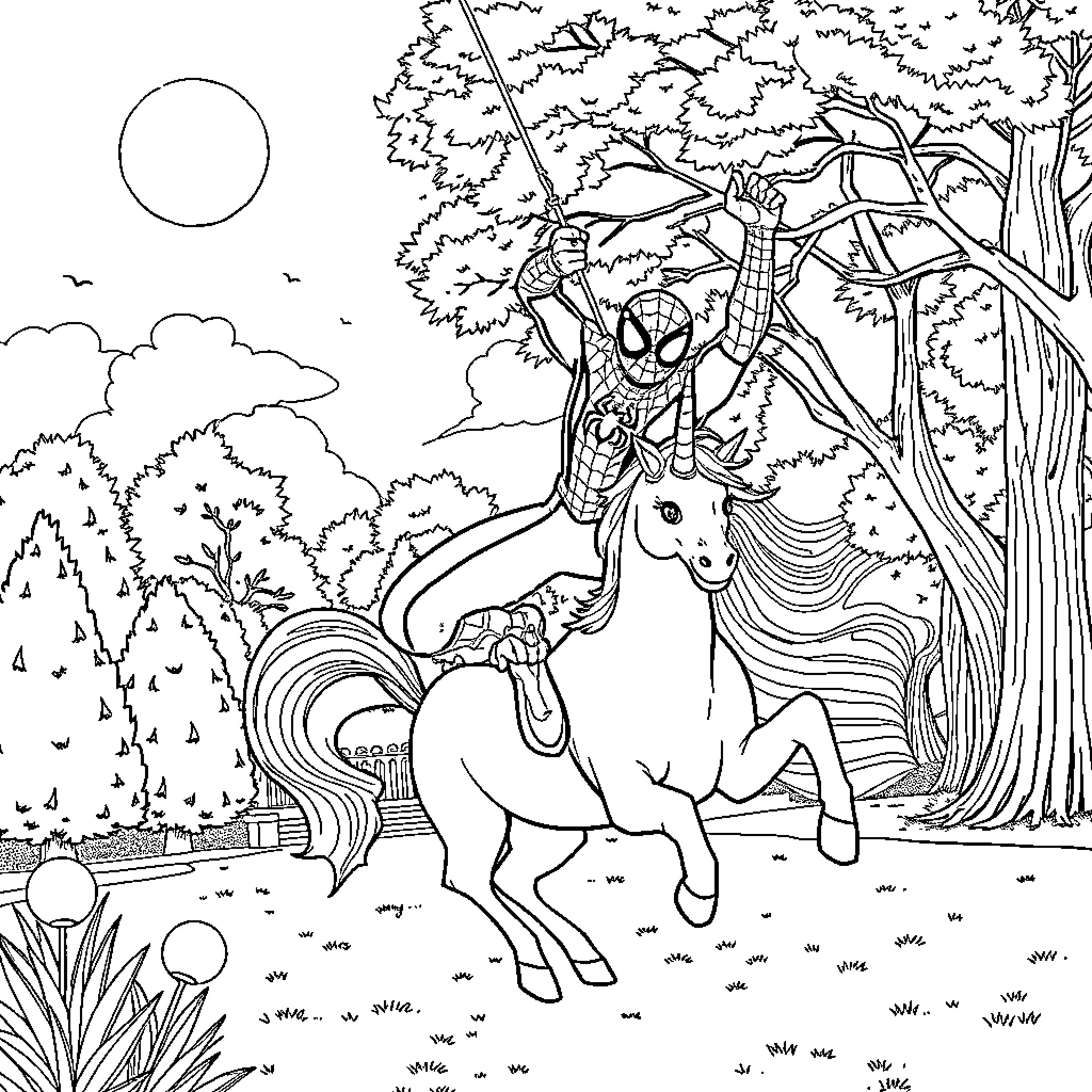 Spiderman swinging through a magical forest with a unicorn Coloring Page (free black-and-white line drawing printable PDF for all, from beginners to advanced learners, including children, teens, adults, and seniors)