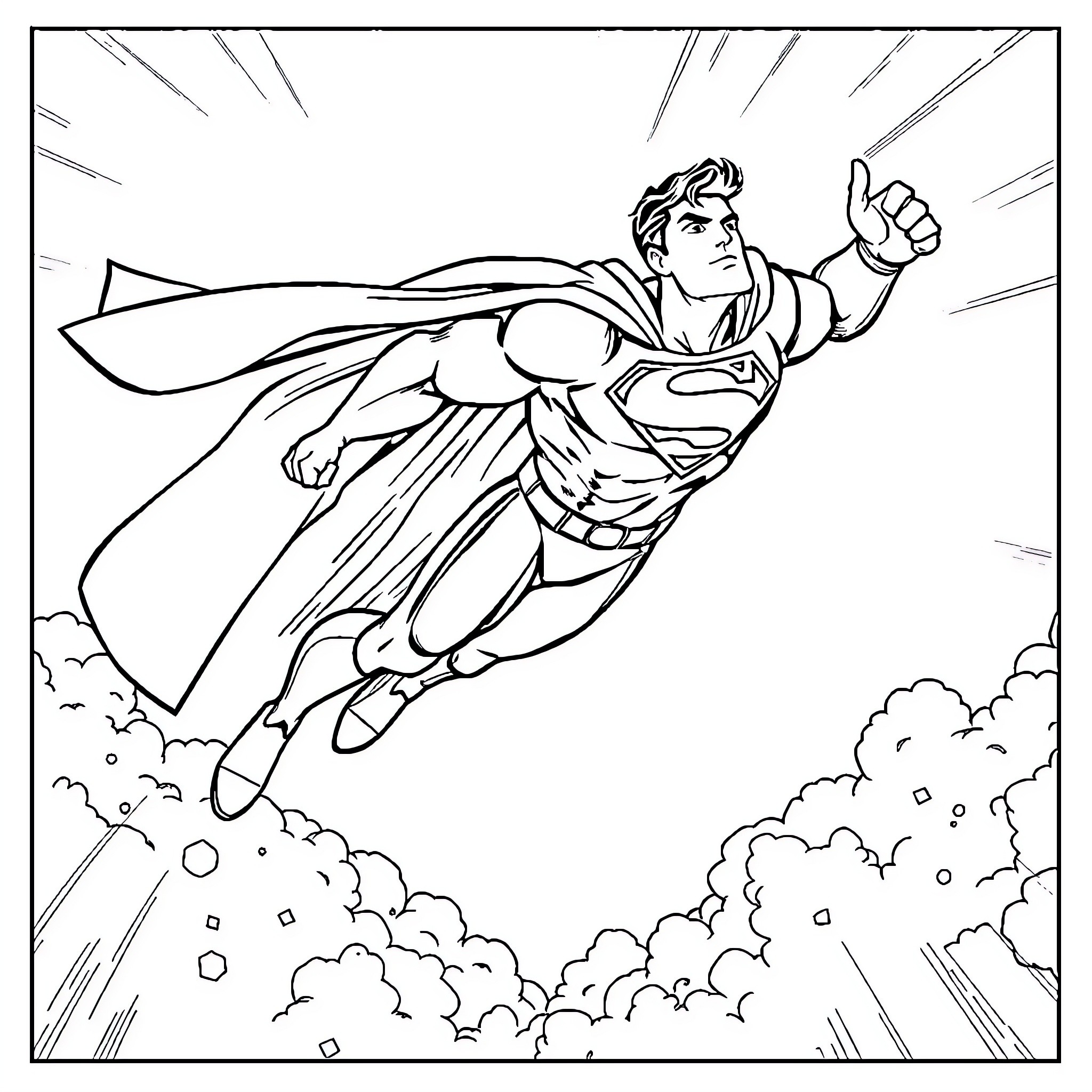 Superman soaring through the sky with determination Coloring Page (free black-and-white line drawing printable PDF for all, from beginners to advanced learners, including children, teens, adults, and seniors)