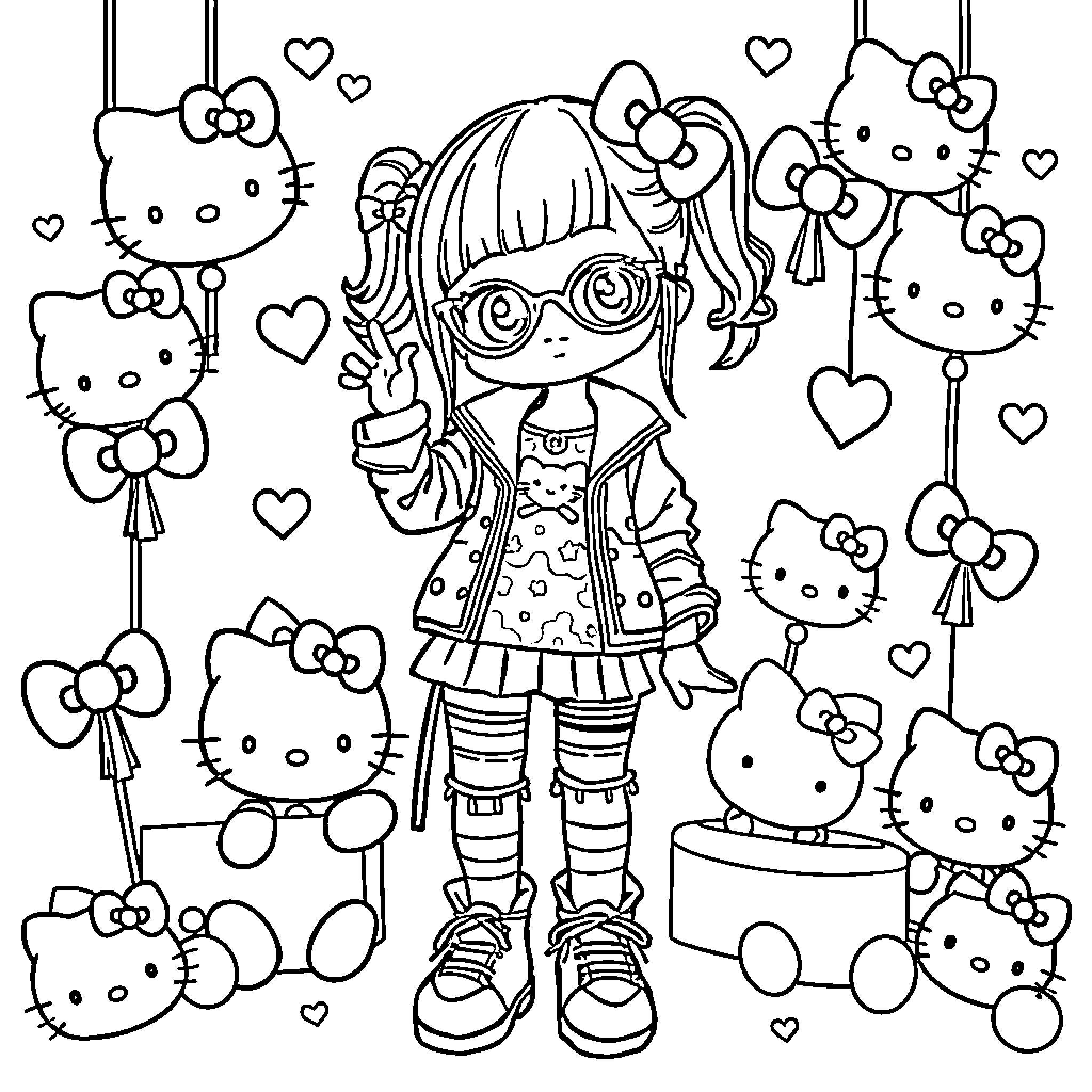 Zoey's Colorful Hello Kitty Adventure Coloring Page (free black-and-white line drawing printable PDF for all, from beginners to advanced learners, including children, teens, adults, and seniors)