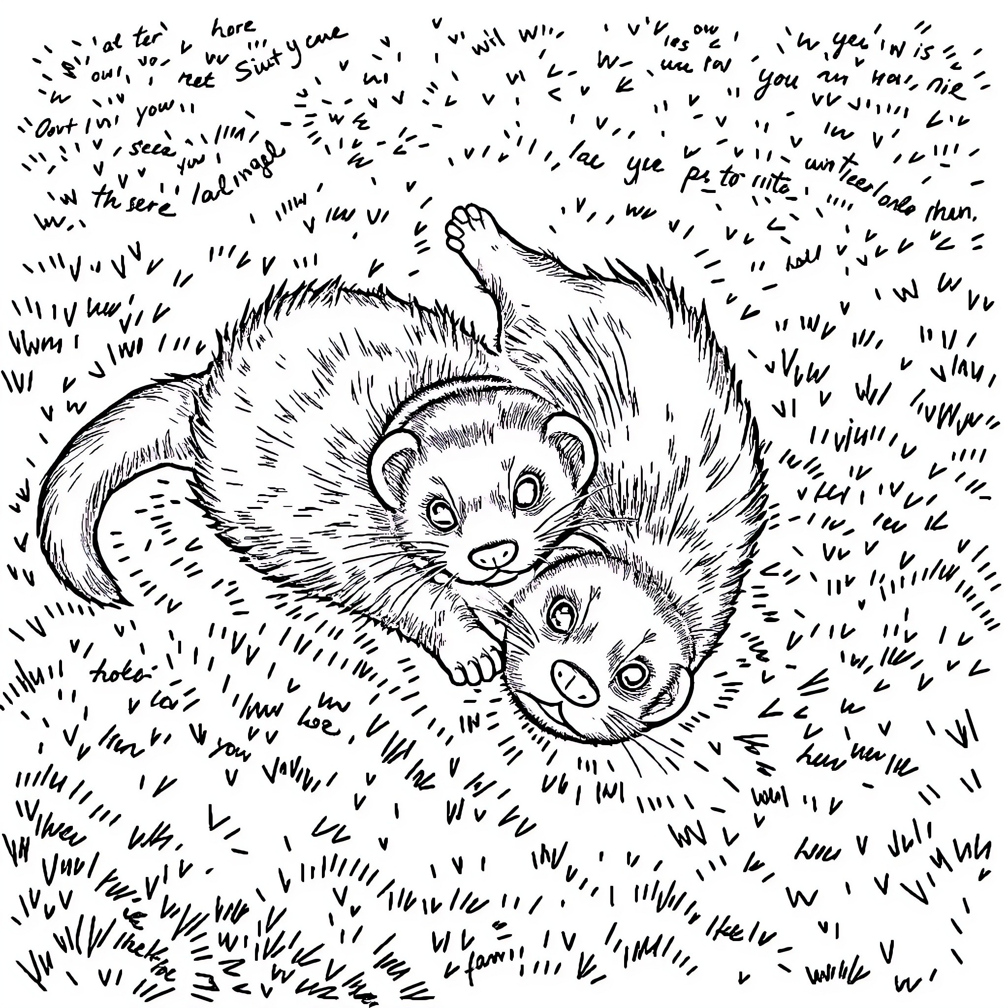 Ferret Duo Frolicking Playfully Coloring Page (free black-and-white line drawing printable PDF for all, from beginners to advanced learners, including children, teens, adults, and seniors)