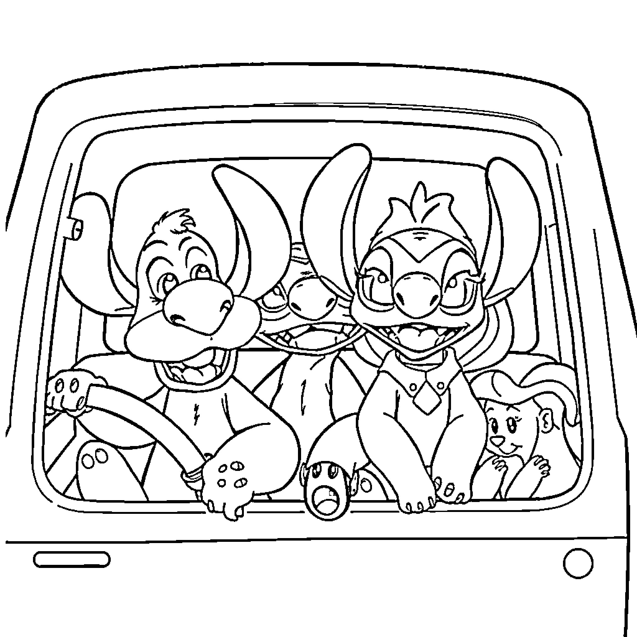 Truck full of lively cartoon characters Coloring Page (free black-and-white line drawing printable PDF for all, from beginners to advanced learners, including children, teens, adults, and seniors)