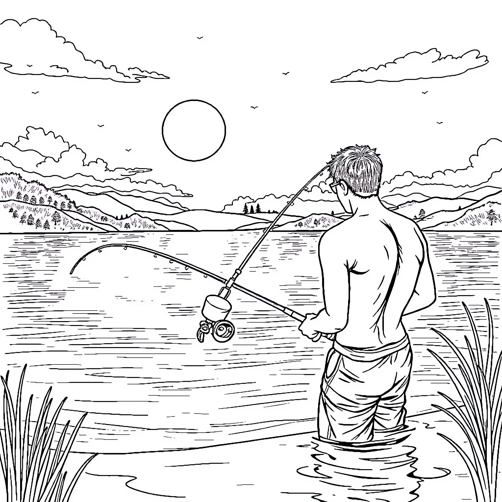 Guy fishing in serene landscape Coloring Page (free black-and-white line drawing printable PDF for all, from beginners to advanced learners, including children, teens, adults, and seniors)