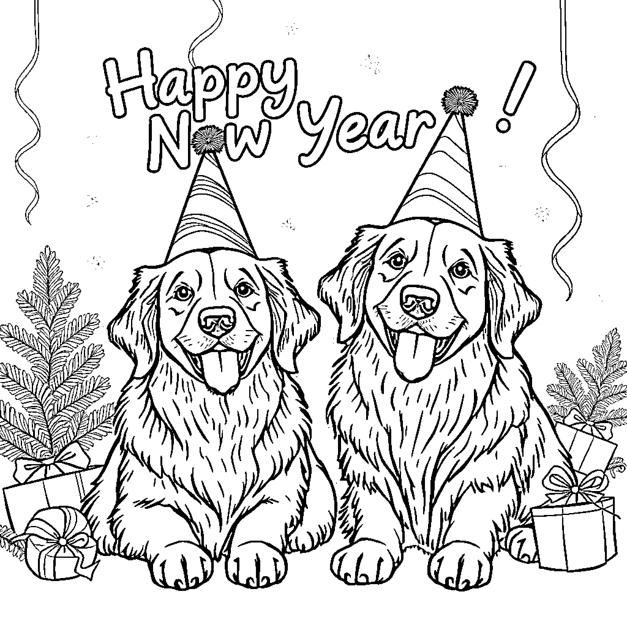 Golden Retrievers Celebrating the New Year Coloring Page (free black-and-white line drawing printable PDF for all, from beginners to advanced learners, including children, teens, adults, and seniors)