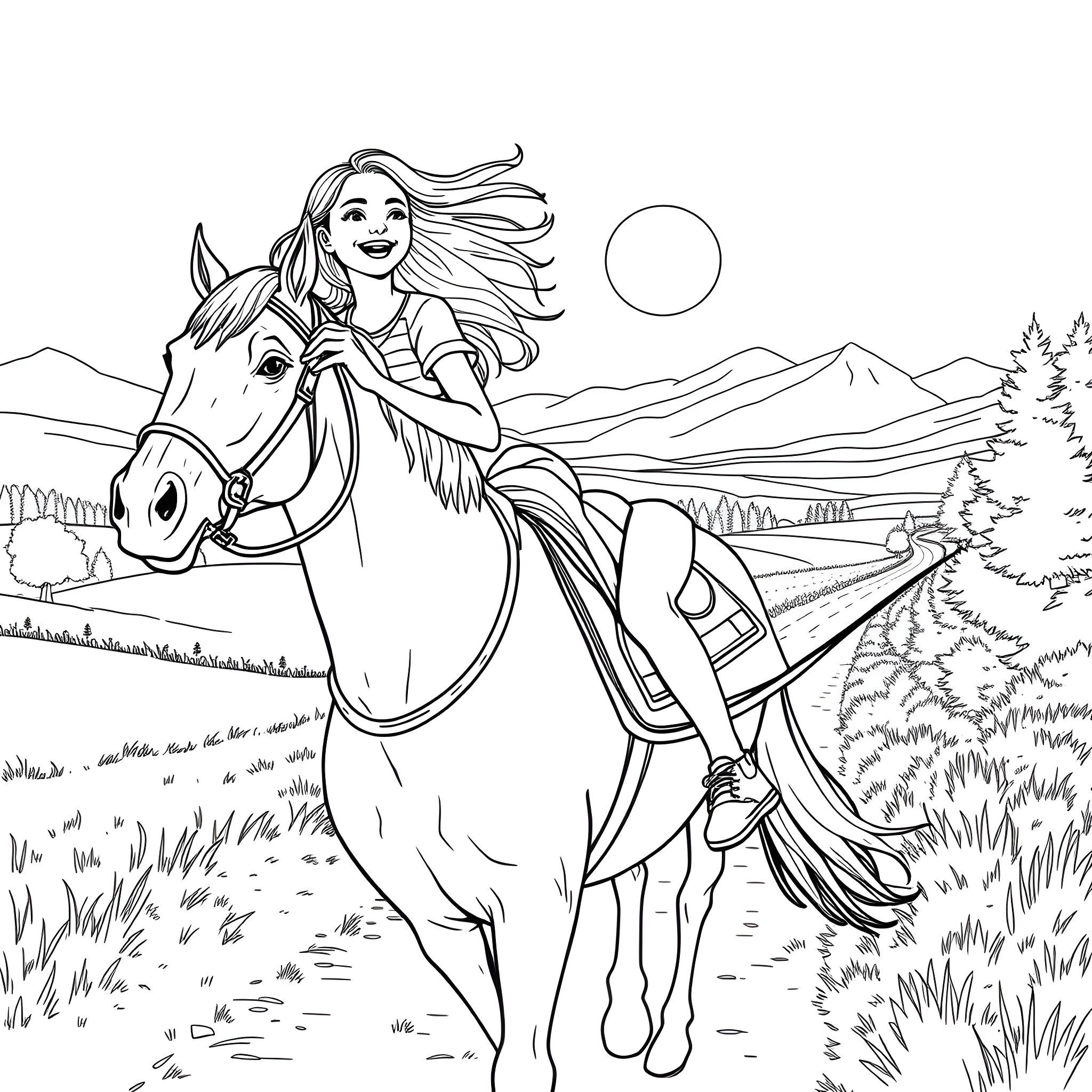 Teen Girl Riding Horse Through Scenic Landscape Coloring Page (free black-and-white line drawing printable PDF for all, from beginners to advanced learners, including children, teens, adults, and seniors)