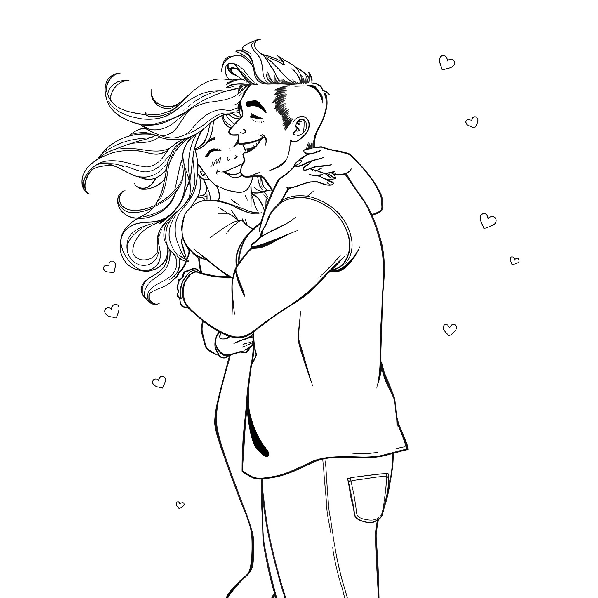 Man embracing woman affectionately Coloring Page (free black-and-white line drawing printable PDF for all, from beginners to advanced learners, including children, teens, adults, and seniors)