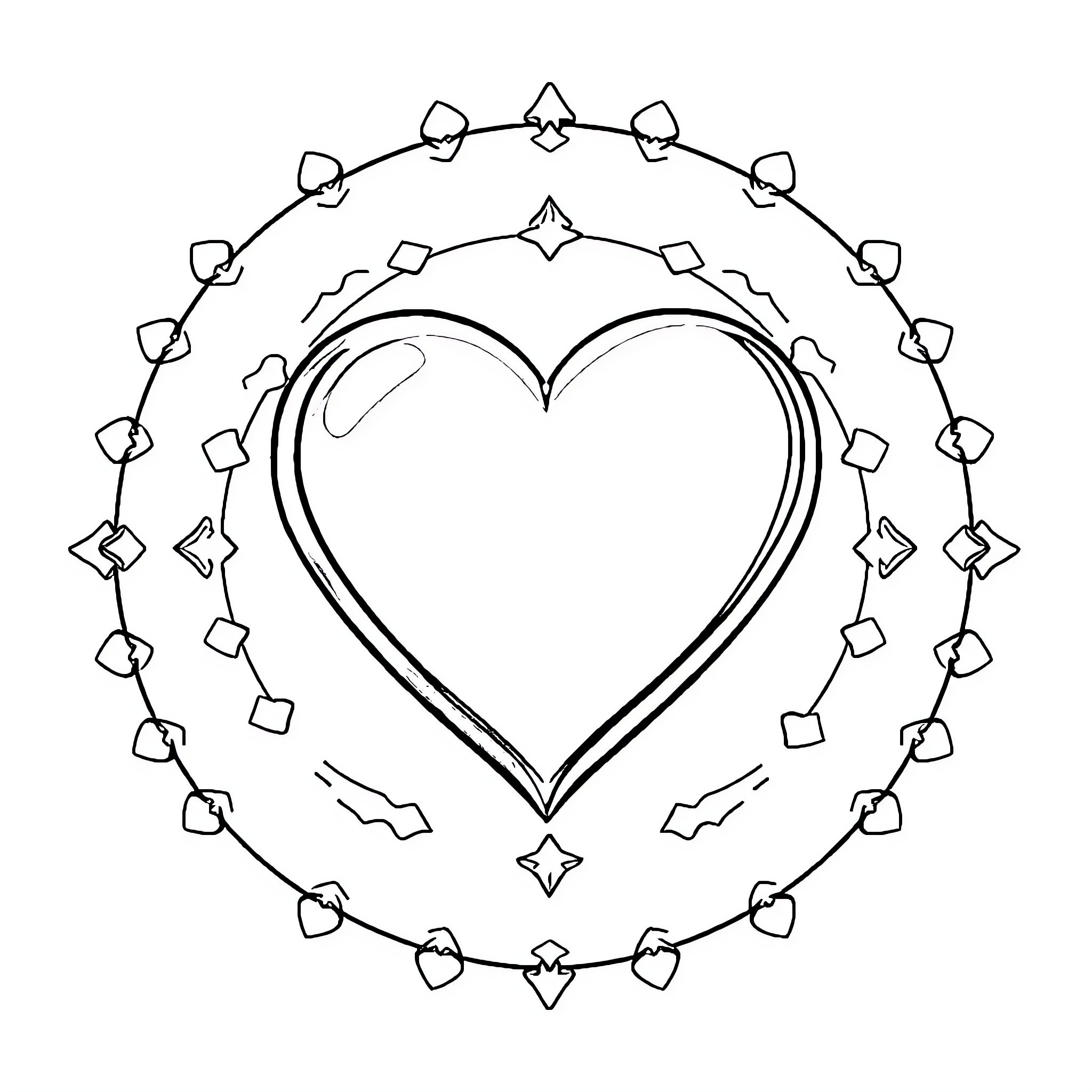 Heart Surrounded by Geometric Shapes Coloring Page (free black-and-white line drawing printable PDF for all, from beginners to advanced learners, including children, teens, adults, and seniors)