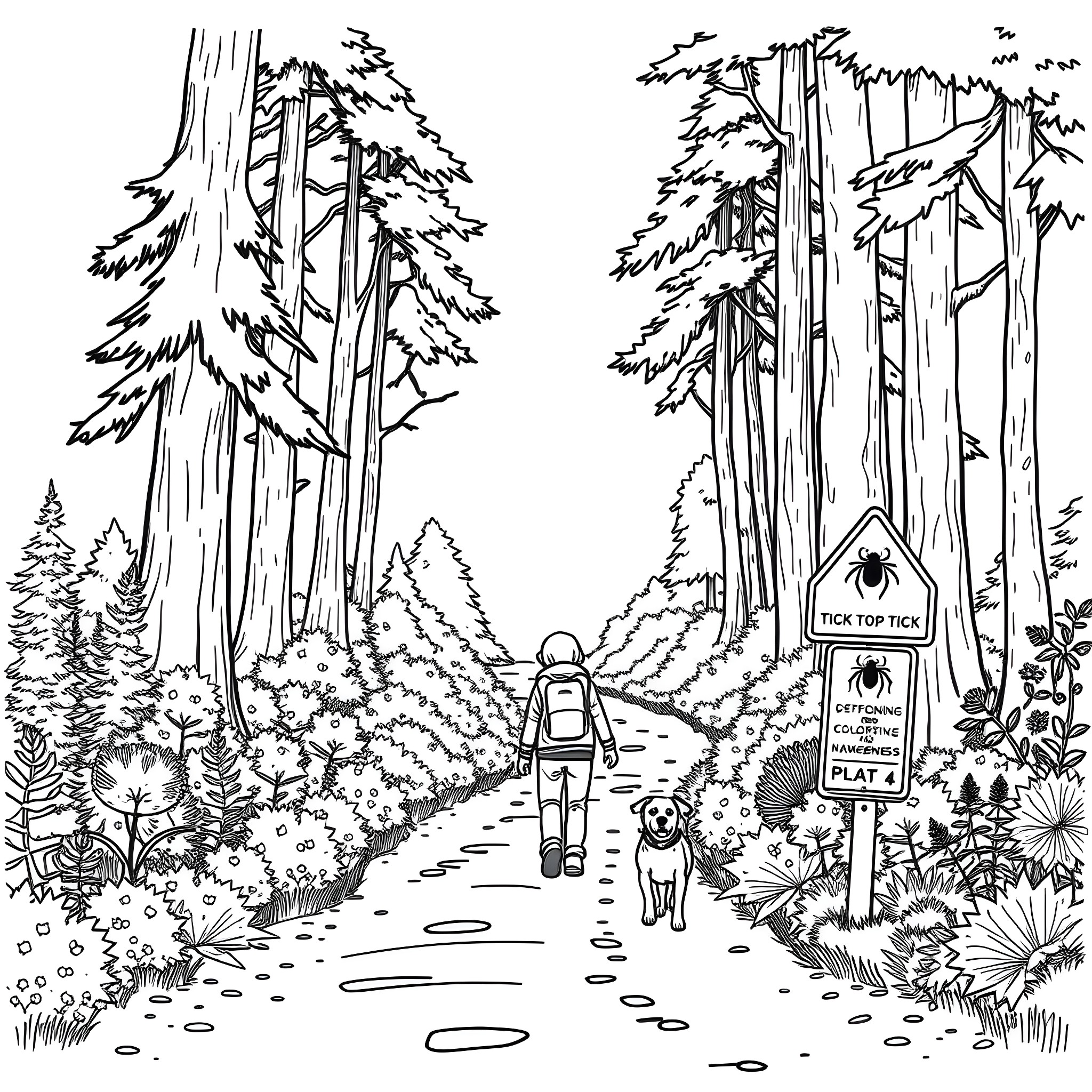 Person hiking with dog on a forest trail Coloring Page (free black-and-white line drawing printable PDF for all, from beginners to advanced learners, including children, teens, adults, and seniors)