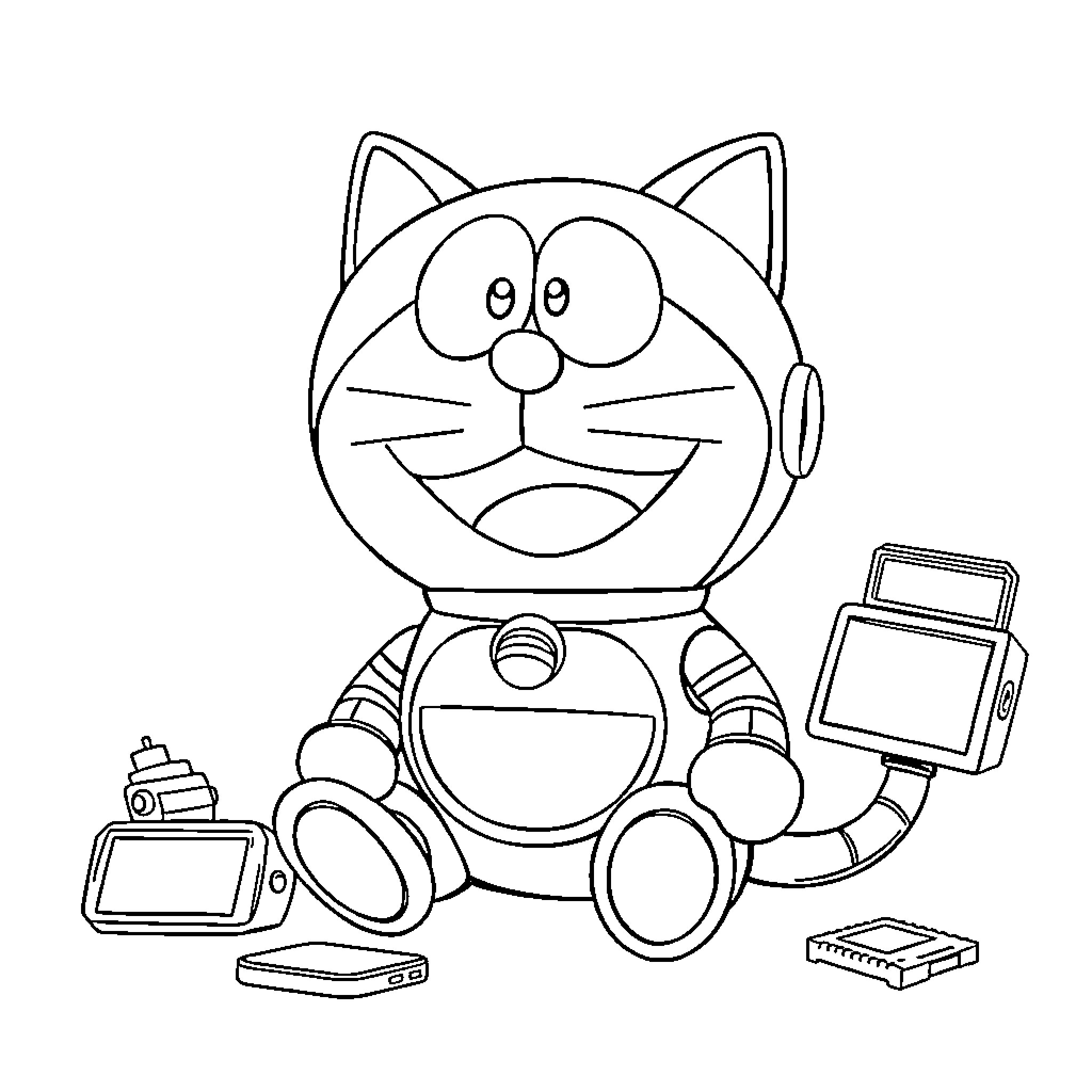 Doremon using modern technology with joy Coloring Page (free black-and-white line drawing printable PDF for all, from beginners to advanced learners, including children, teens, adults, and seniors)
