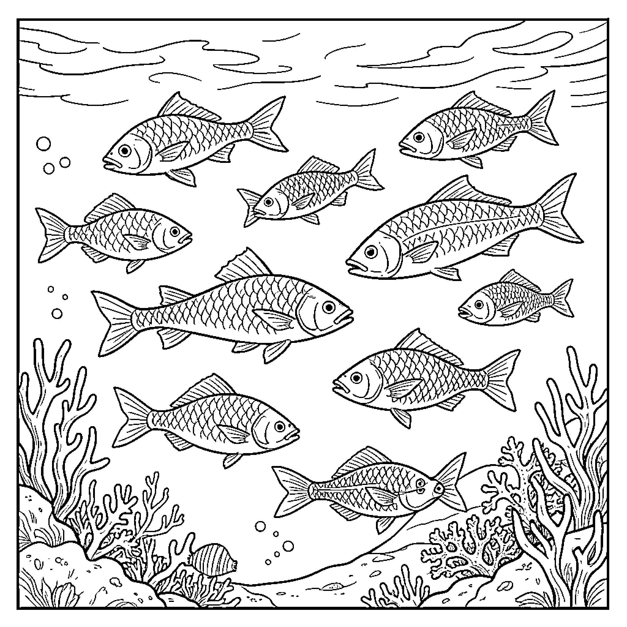 Fish swimming through a coral reef underwater scene Coloring Page (free black-and-white line drawing printable PDF for all, from beginners to advanced learners, including children, teens, adults, and seniors)