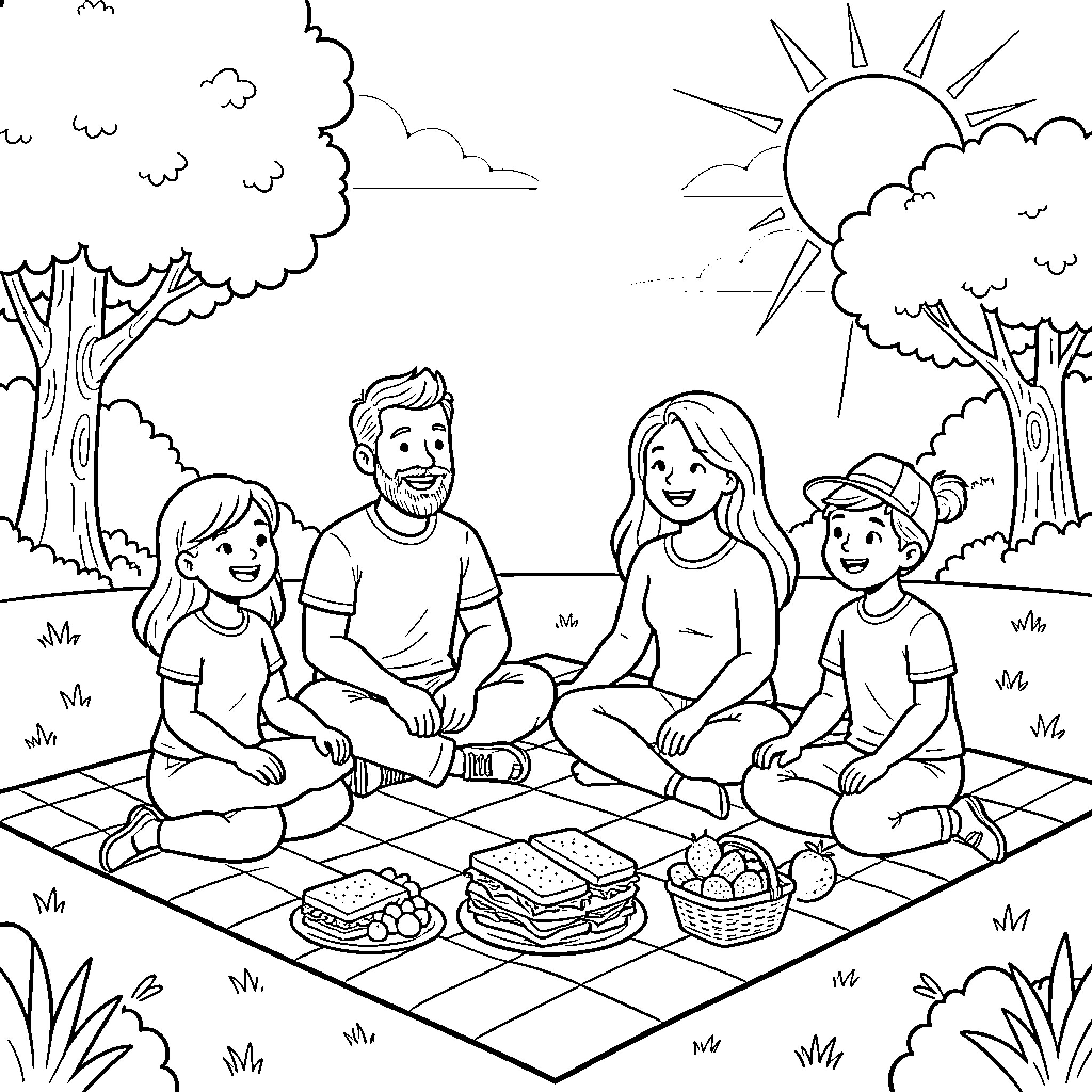 Family enjoying a picnic in the park Coloring Page (free black-and-white line drawing printable PDF for all, from beginners to advanced learners, including children, teens, adults, and seniors)
